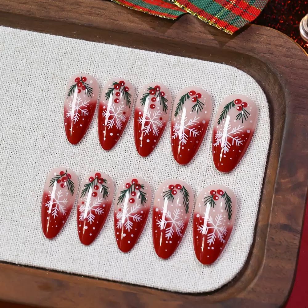 Christmas Press on Nails Medium Almond Fake Nails Snowflake with Red Fruit Designs False Nails Full Cover Glossy Red Gradient French for Women Christmas Party Wear Manicure Decoration 24PCS