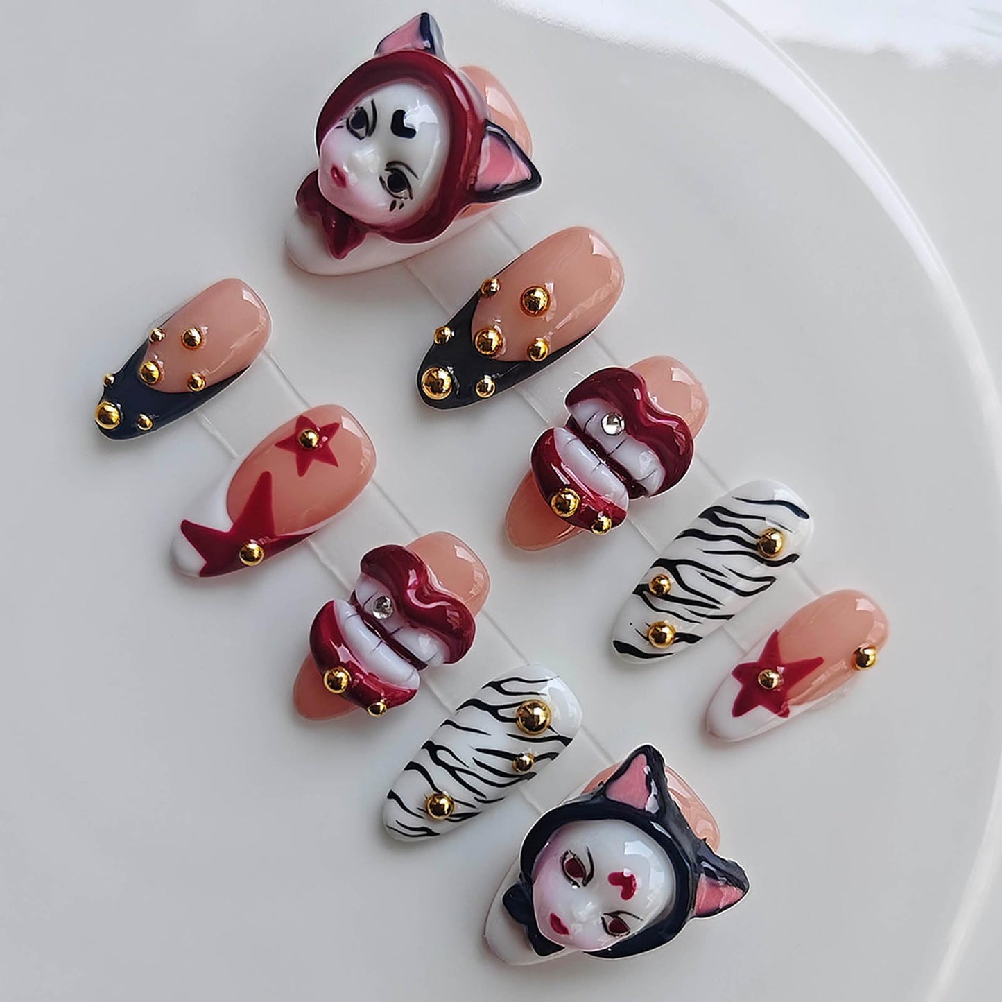 Gleamrain Edgy Almond Handmade Press on Nails Medium Length for Women M Size, Handcrafted Star Design Reusable Full Cover Fake Nail for Party Birthday Holiday Halloween D320