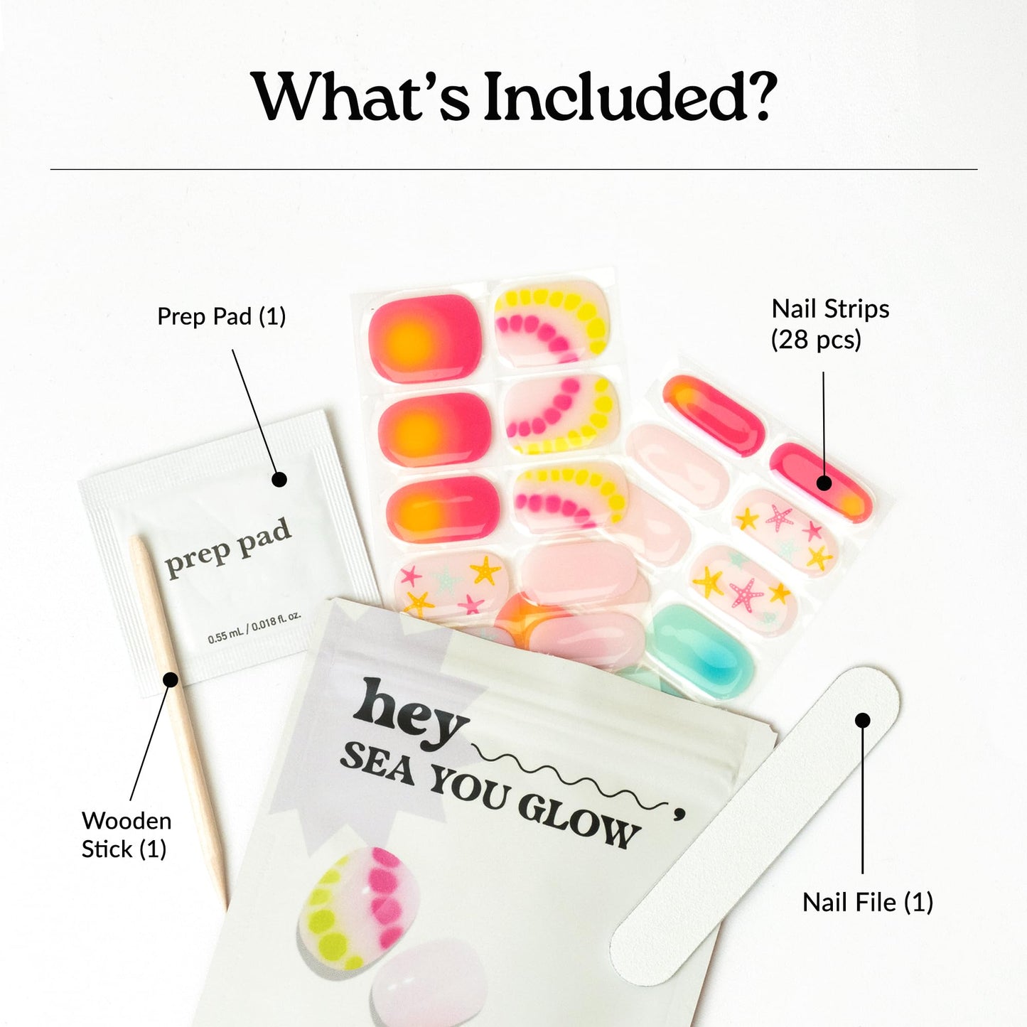 Heyhae Semi Cured Gel Nail Strips | No LED Lamp Needed |Neon, Ombre | Easy Apply & Remove, Salon Quality | Includes 28 Strips, 2 Prep Pads, Nail File & Wooden Stick - Hey, Sea You Glow