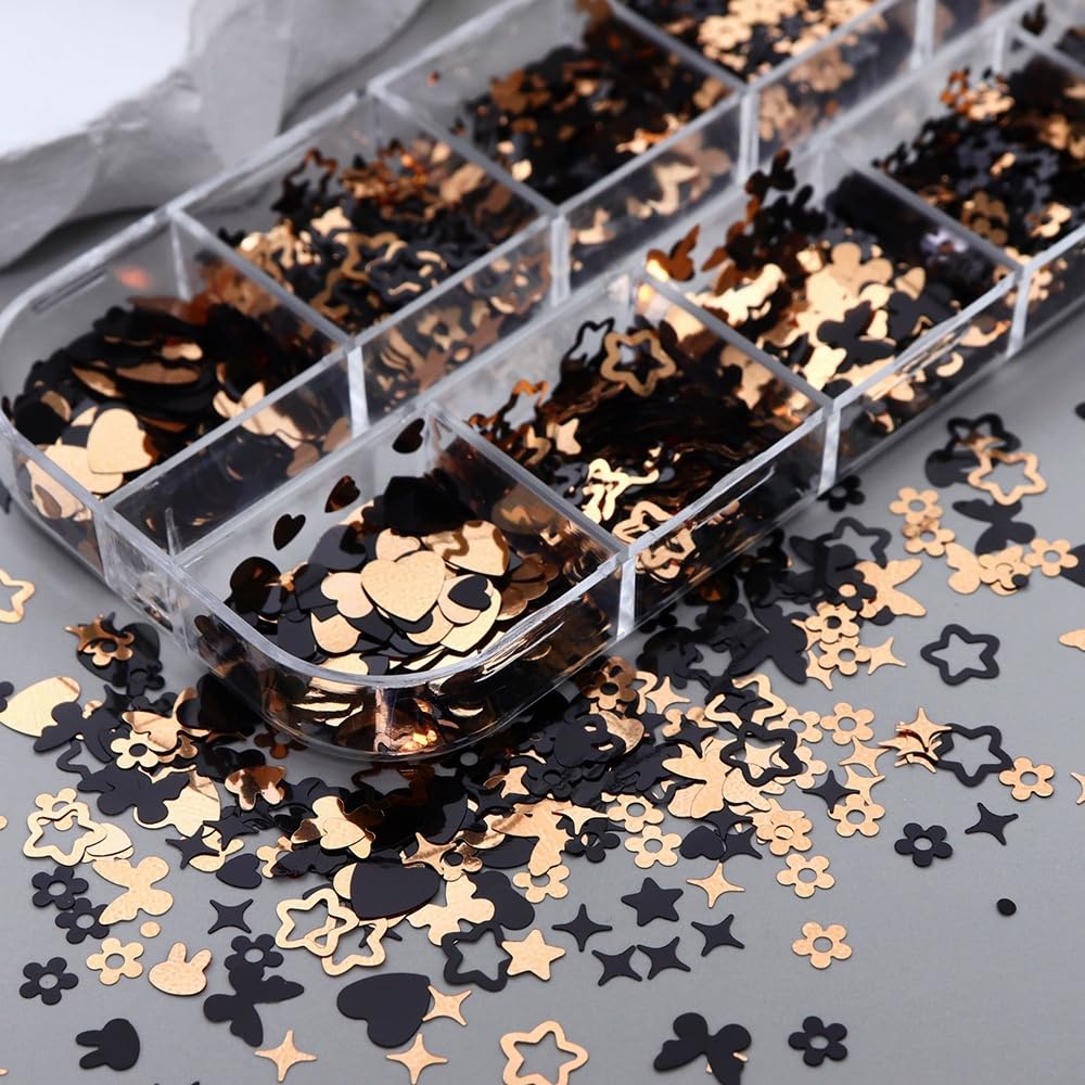 1 Box 2 Color Holographic Butterfly Hearts Nail Glitter Black Gold Nail Sequins 3D Star Flower Nail Flakes Sparkly Powder Flakes Shiny Nail Confetti Rabbits Chunky Glitter for Nails Art 12 Grids