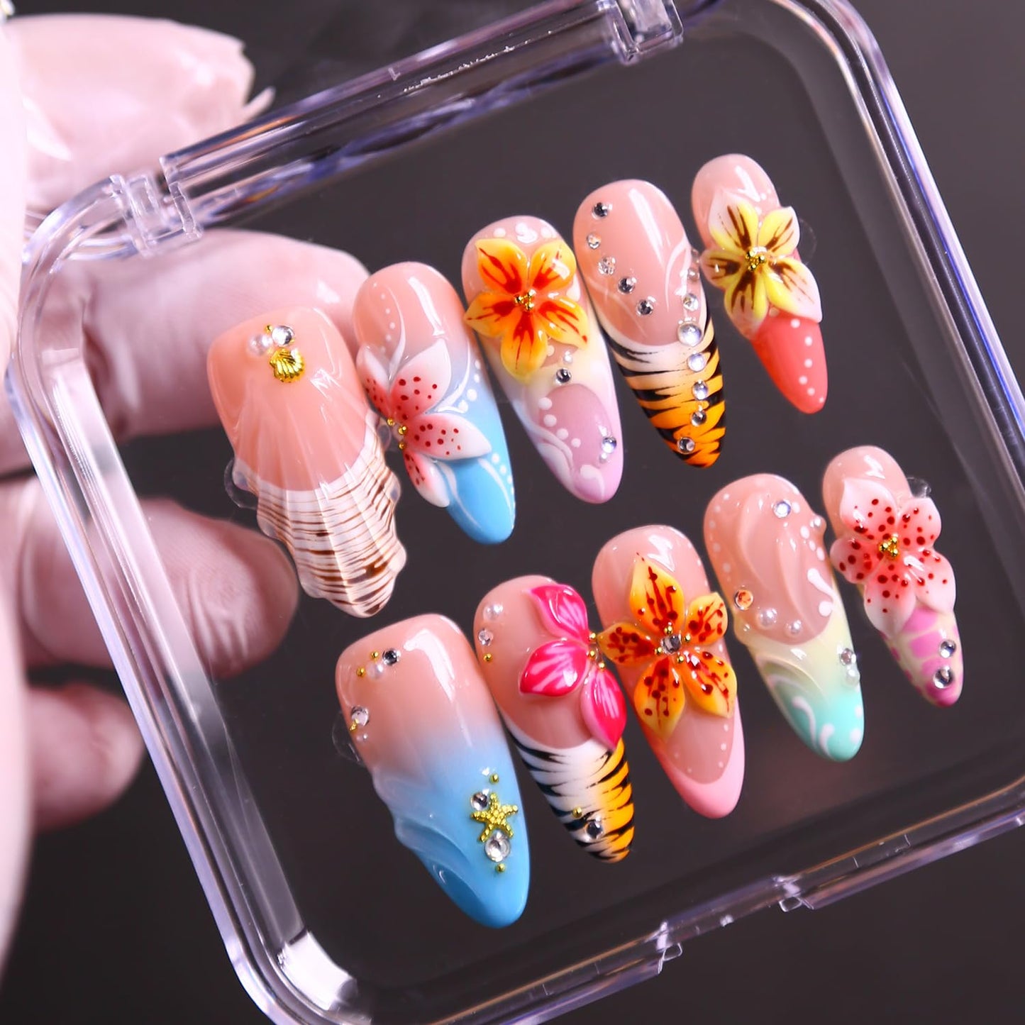 MAGLFELL Press On Nails, 10 Pcs Handmade French Stiletto Fake Nails, Reusable Artificial Unique 3D False Nails for Women 3D Acrylic Nails Kit (Size S)