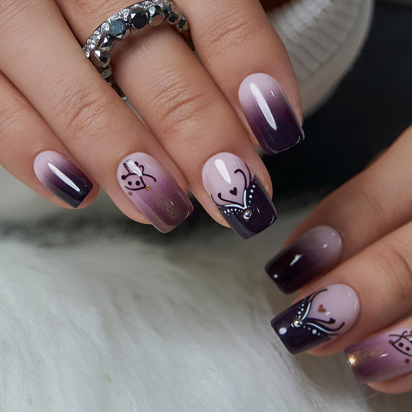 CurvLife Purple Ombre Press On Nails Medium for Women, Square Soft Gel Fake Nails, Nude to Dark Purple Gradient Glue On Nails Kit with Glitter & Rhinestone Design, Salon Quality