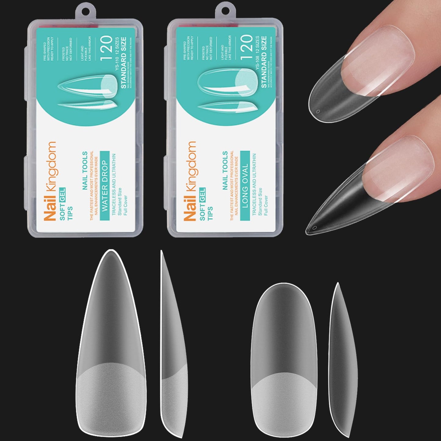 2 Shapes Soft Gel Nail Tips Long Stiletto Oval Full Cover Acrylic Nails Kit, Pre-buff Inside & Full Matte Surface, for Nail Extensions DIY Art Beginners/Professionals Salon, Easy Soak Off, BlueZOO