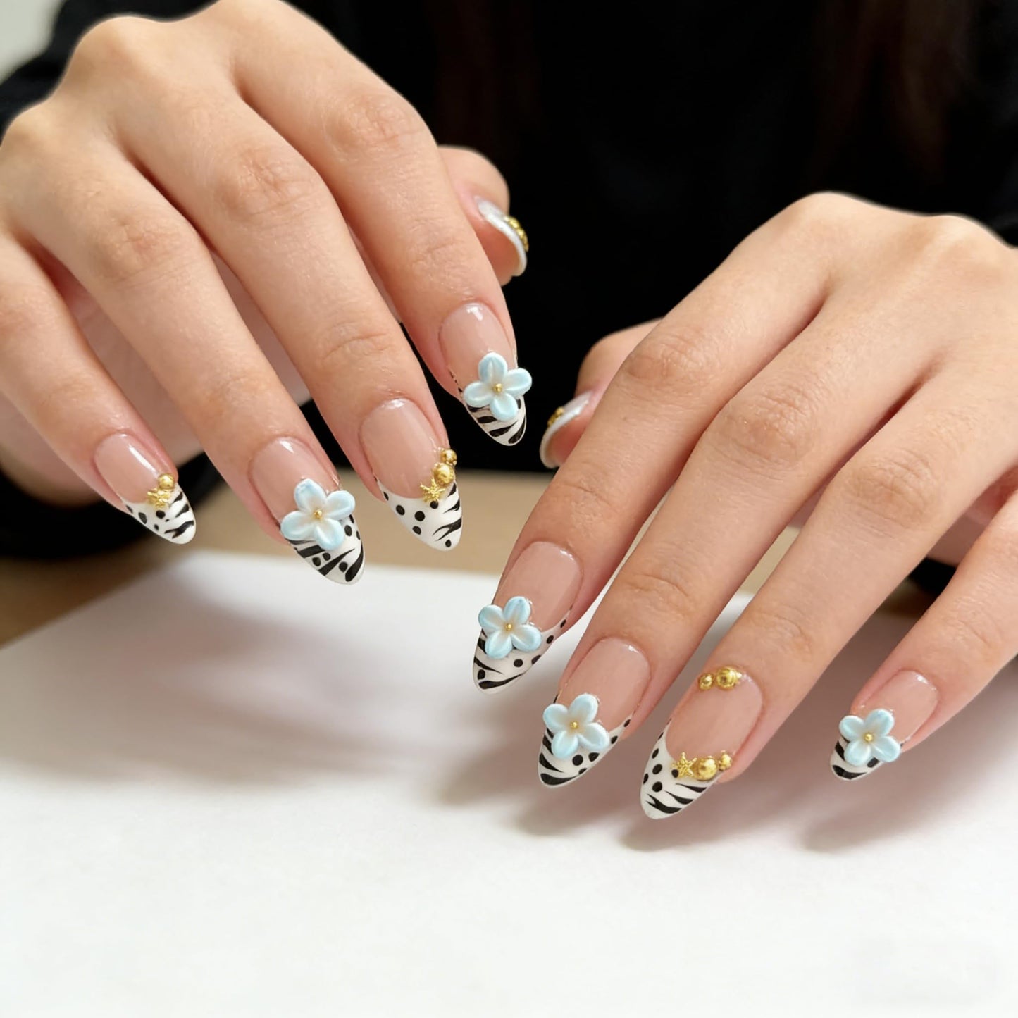 Handmade Press on Nails Almond French Tips with 3D Blue Flowers, Gold Charms and Zebra Print, Glossy Finish 10 Count M Size
