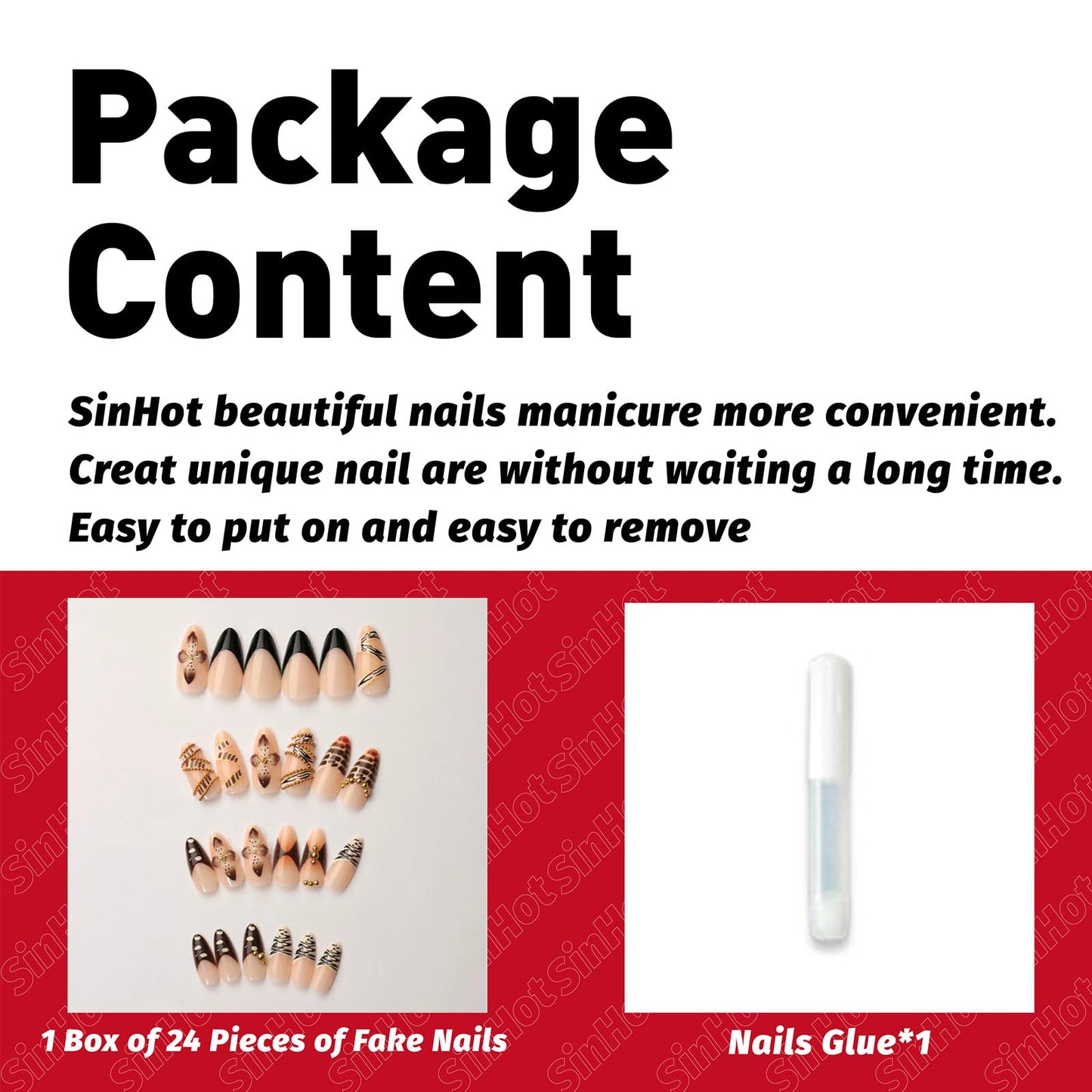 SINHOT Press on Nails - Medium Almond Fake Nails, Glossy Finish, Zebra Stripes & 3D Flower, DIY Artificial False Nail Art - 24 Pcs Nail Kit with Glue