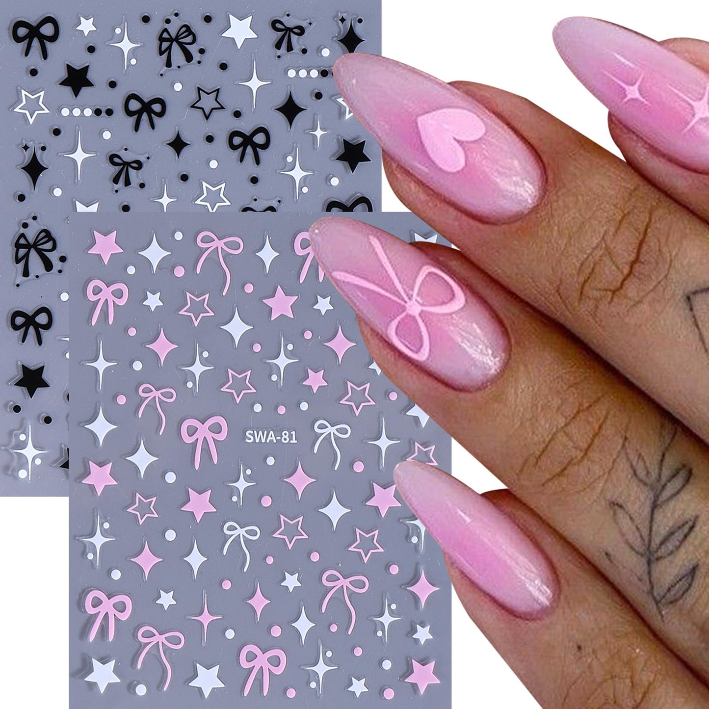 Bow Nail Art Stickers Decals 16 Sheets Red Ribbon Stickers for Nails Cute Gold Silver Pink Black White Bows Decals 3D DIY Self-Adhesive Nail Designs Manicure Decorations Accessories for Women