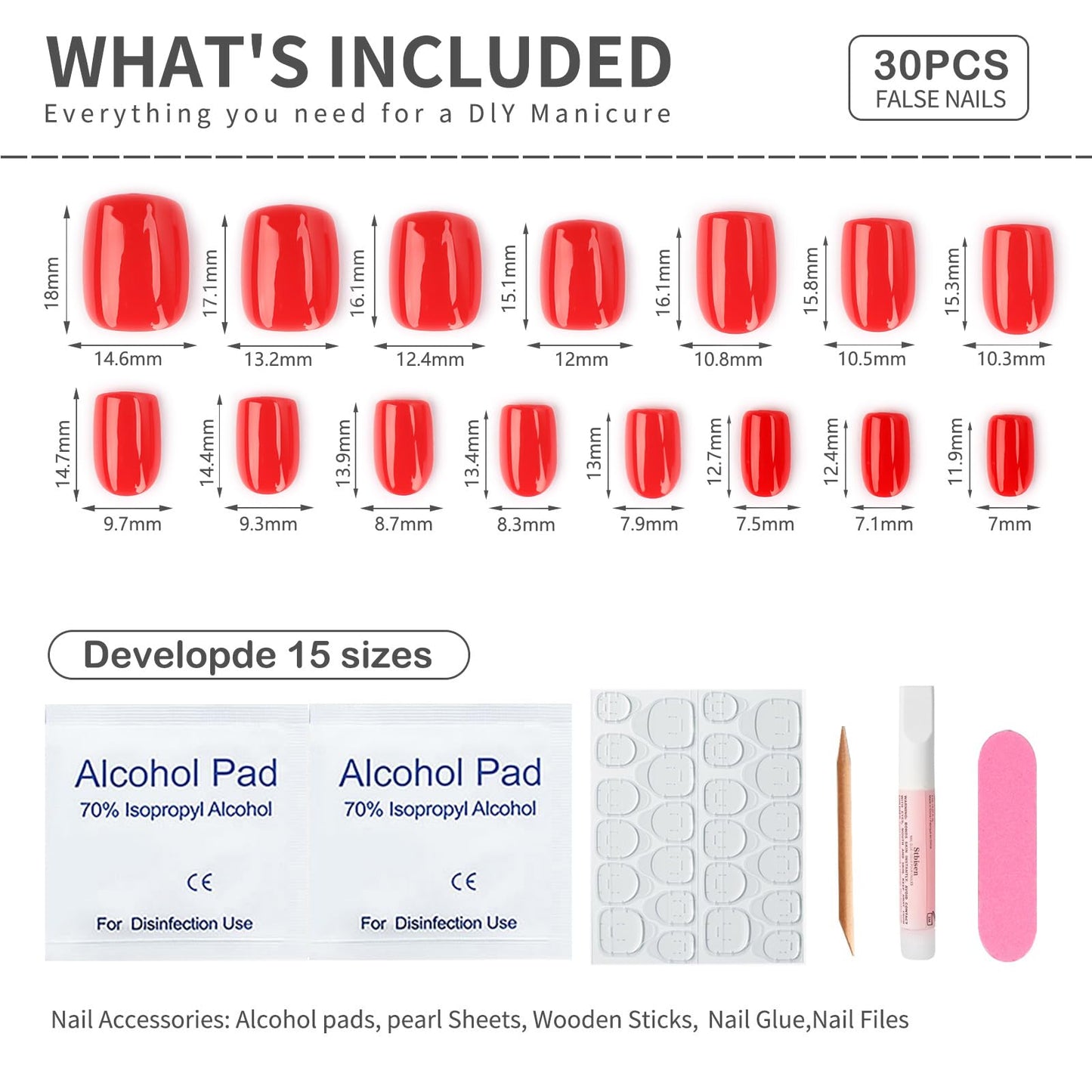 Stbisen True Red Press on Nails Short Square, Soft Gel Fake Nails Kit, Fashion Reusable Thick Natural Glue On Nails for Women Gift, Suitable for Work, Office Settings, and Everyday Wear, 30Pcs