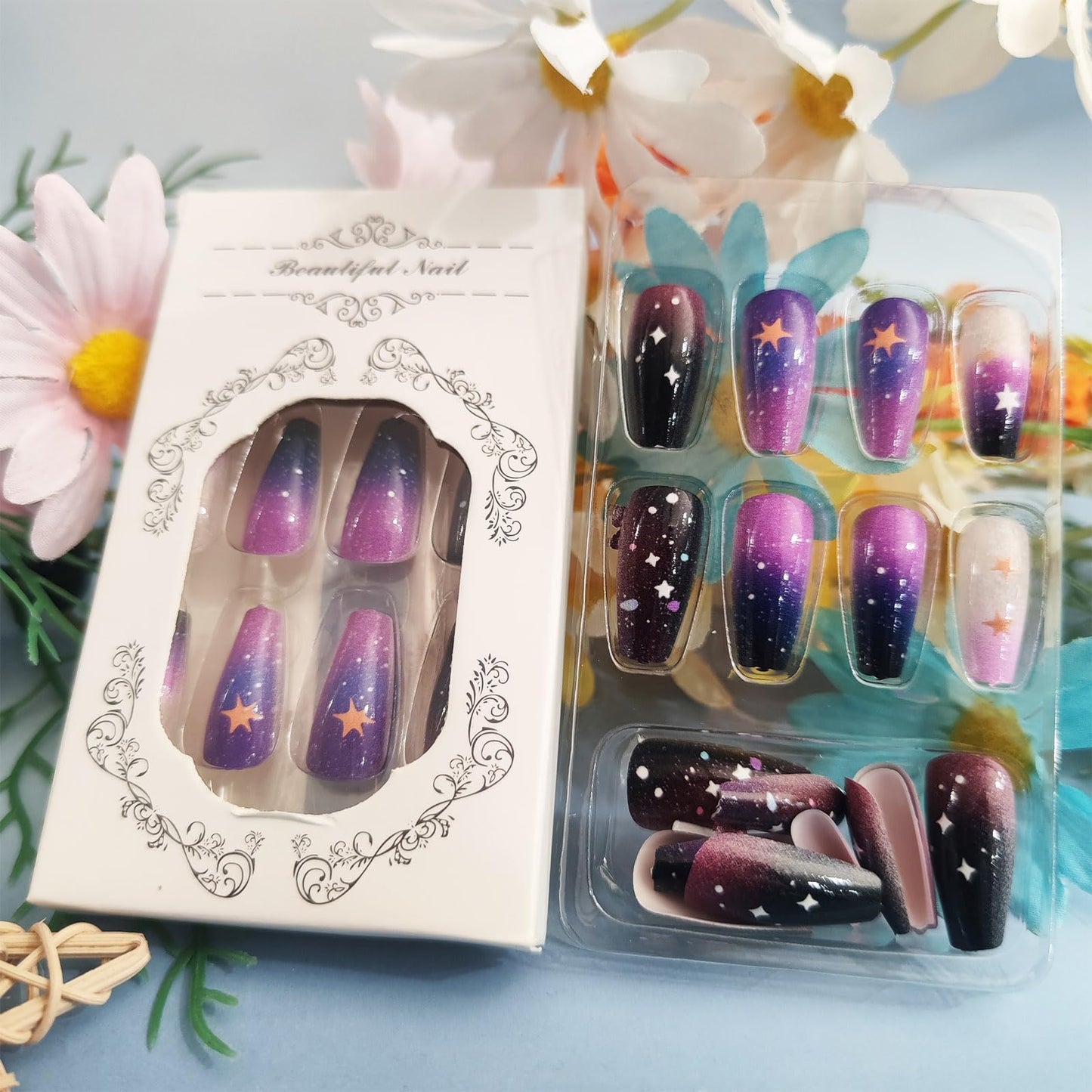 Starry Sky Acrylic Full Cover Fake Nails 24Pcs Milky Way Press on Nails Glossy Purple Gradient Medium Coffin False Nail Universe Gel Glue on Fingernails Gold Stars Stick on Nail for Holiday Manicure