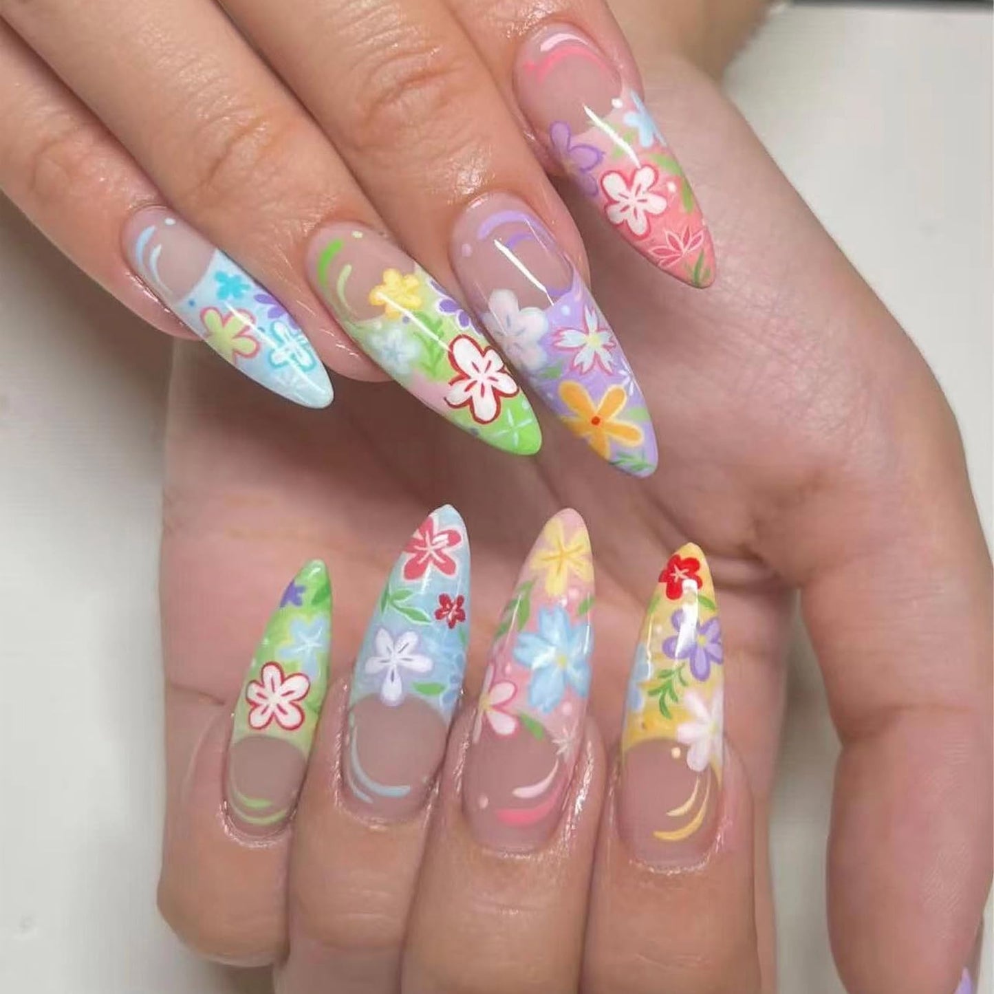 MISUD Press on Nails - Long Stiletto Fake Nails with Colorful French Tip, Acrylic Spring Summer Flower Design 24 pcs