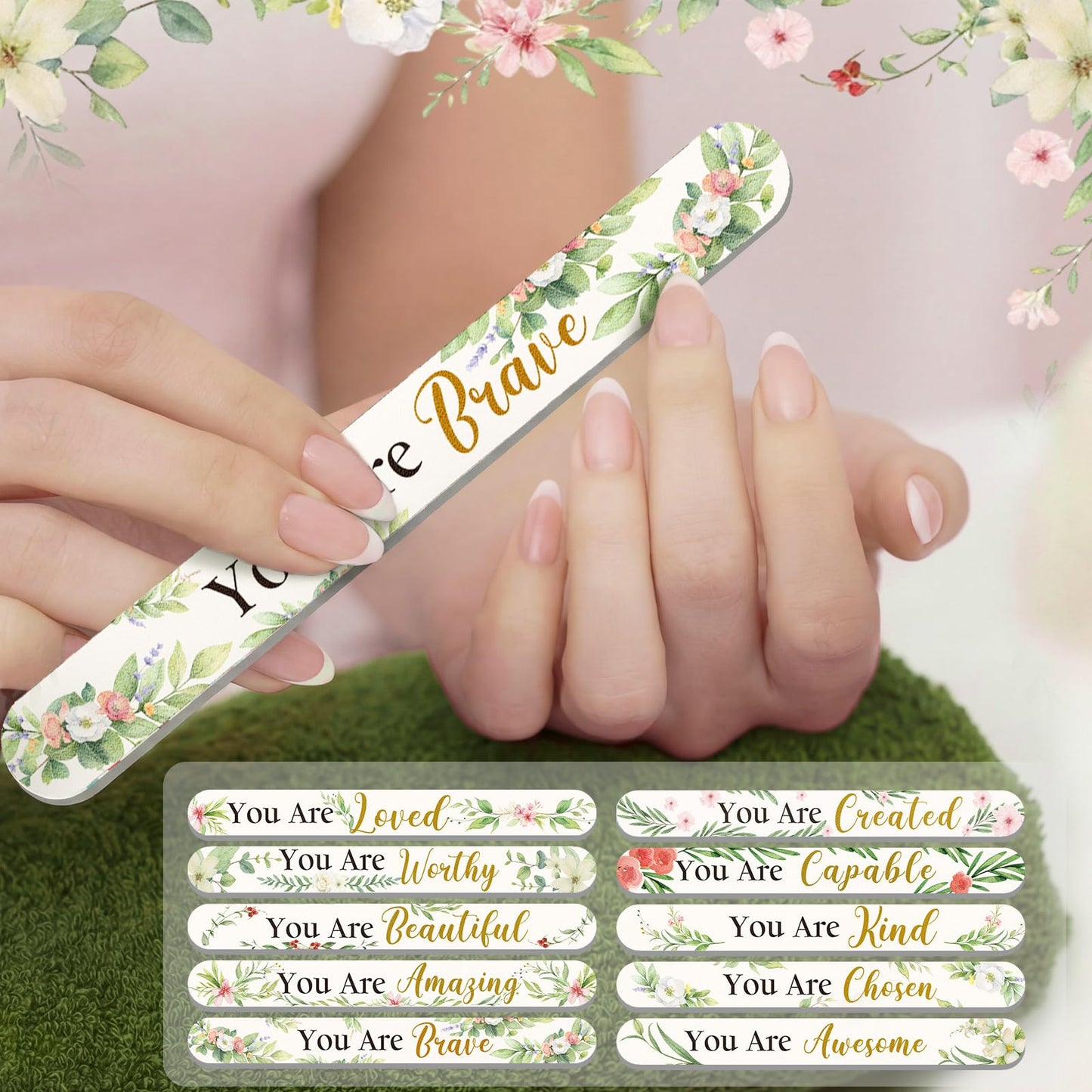 Therwen 50 Pcs Mothers Day Gifts Bulk Floral Christian Nail File Small Mom Women Church Gift Bulk Double Sided Emery Board Nail File Tool for Mother's Supply(Green Leaves Inspirational)