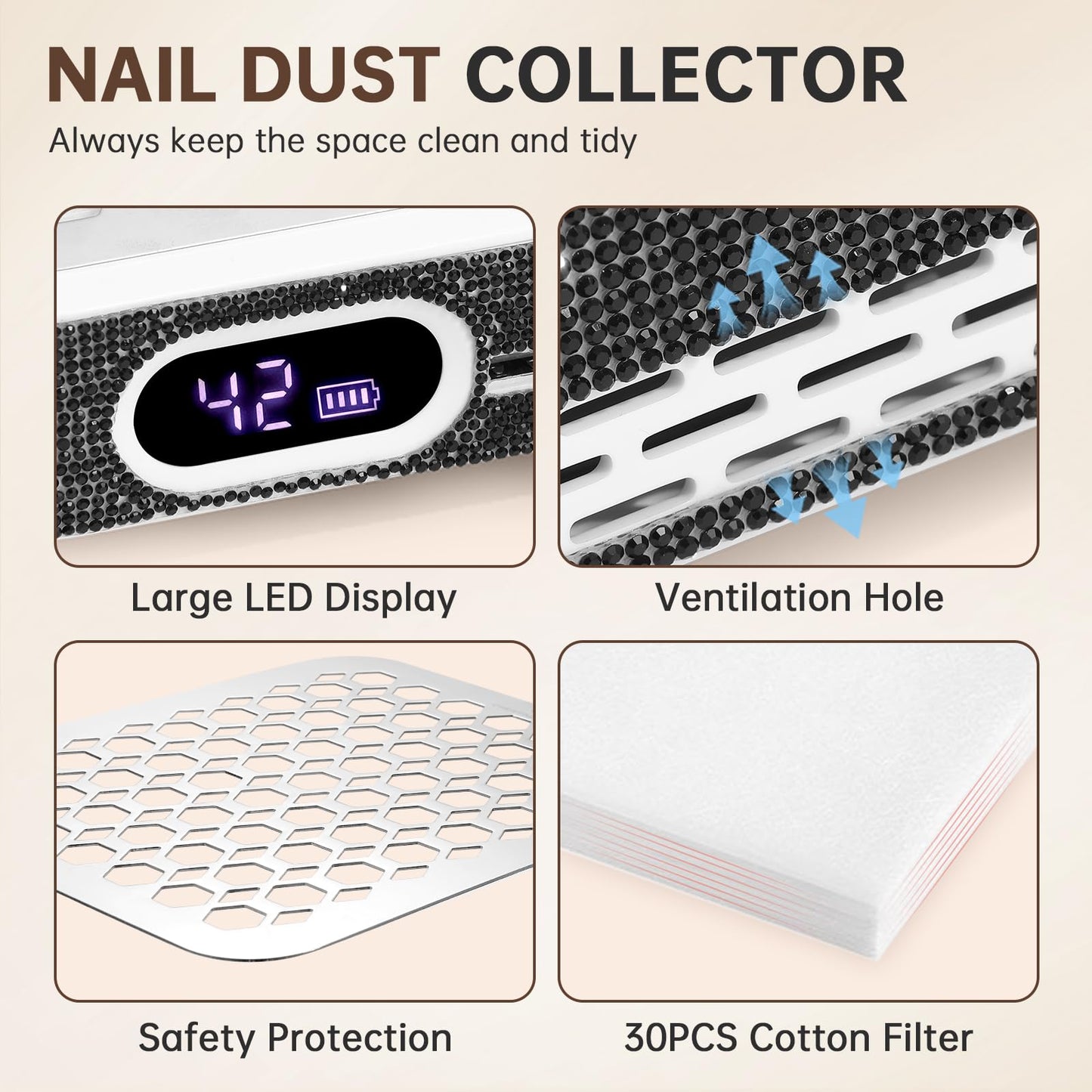 CHRISTINE SHELLY Nail Dust Collector, Rechargeable Dust Collector Nail Tech, Powerful Vacuum Fan Vent Dust Collector Extractor Dust Suction Machine for Acrylic Nails Polishing, Nail Salon&Home,Black