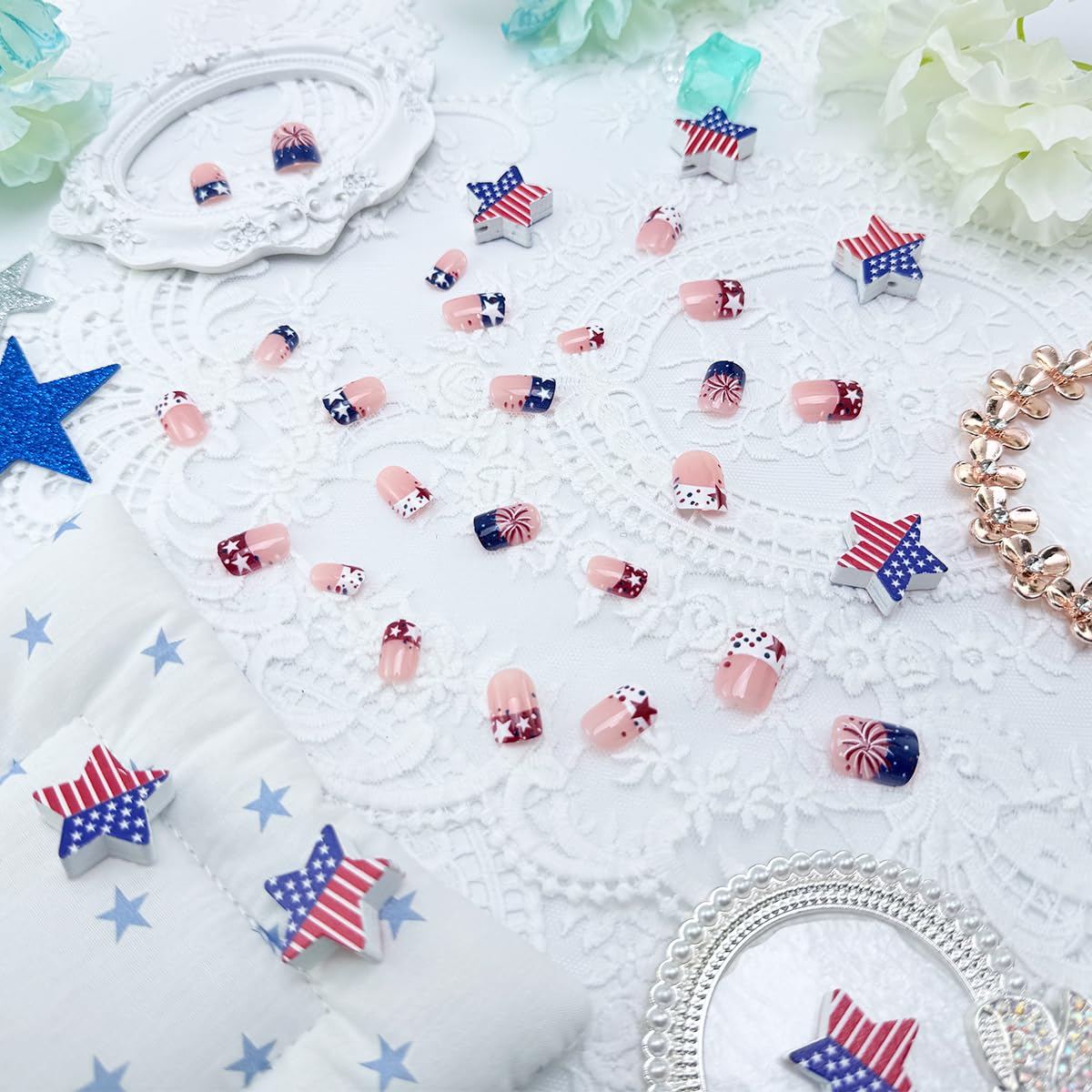 24Pcs 4th of July Press on Nails Short Square French Tip False Nails with Red White Blue Star Firework Designs Independence Day Fake Nails Patriotic Acrylic Stick on Nails for Women Holiday Manicure