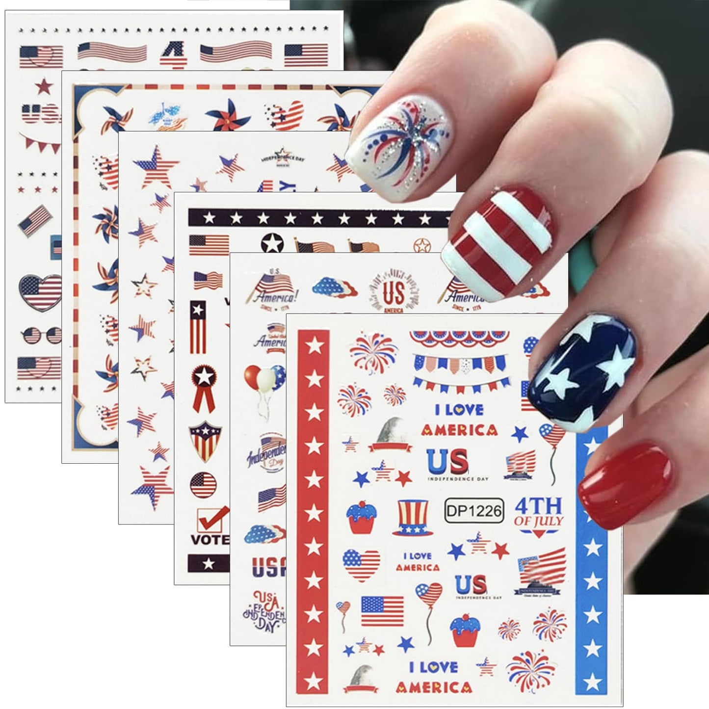 6Pcs Independence Day Nail Art Stickers Patriotic American Flag Heart Balloon Fireworks Nail Design 4th of July Nail Stickers 3D Self-Adhesive Star Nails Decals Decoration for Women DIY Nail Supplies
