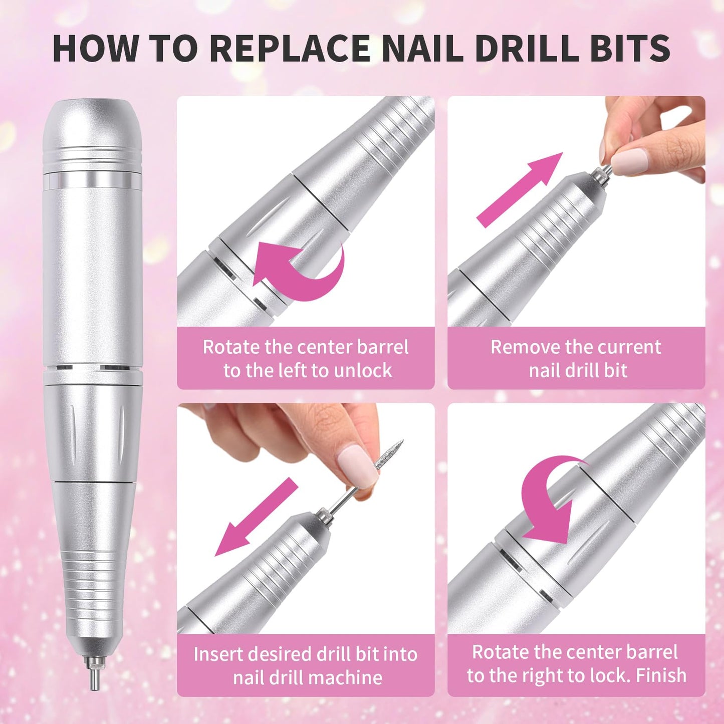 siyuwuro Electric Nail Drill Machine 45000RPM Professional Cordless Rechargeable Portable Nail File Removing Polishing Acrylic Gel Nails with 6 Drill Bits & Sanding Bands, for Nail Salon Home, White