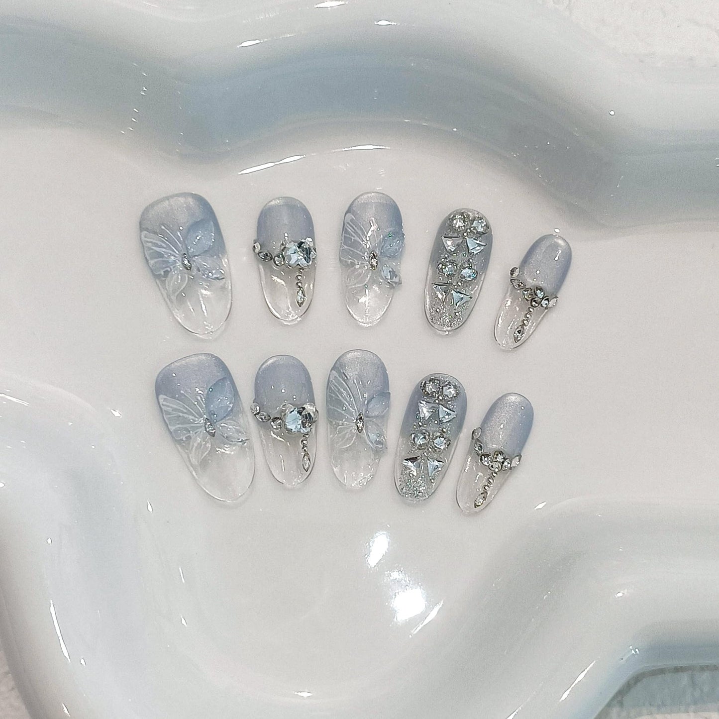 TENPAL Cat Eye Press on Nails 10Pcs Full Kit - Short Oval Icy Ocean Gradient False Nails, 3D Butterfly Rhinestone Spring Summer Fake Nails, Ethereal Glue on Nails for Girls Glitter Shimmer Design(S)
