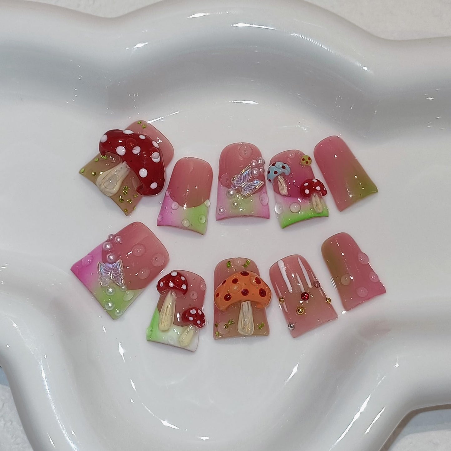 TENPAL Duckbill Coffin Ballerina Shape Fake Nails,Ombre French Tips Press on Nails 10 Pcs with Tool Kit,3D Butterfly Mushroom Embossed Design Glue on Nails with Pearl & Rhinestone Cute Fake Nails（S)