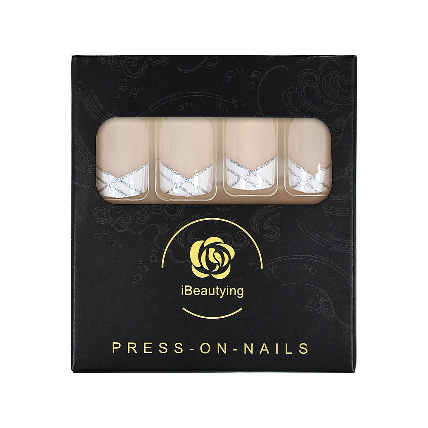 iBeautying Press on Nails - White French Silver Line Semi-Transparent False Nails | UV Gel Finish Medium Short Square Round Shape Reusable Fake Nails - 24 Nail Kit with Jelly Glue Pad