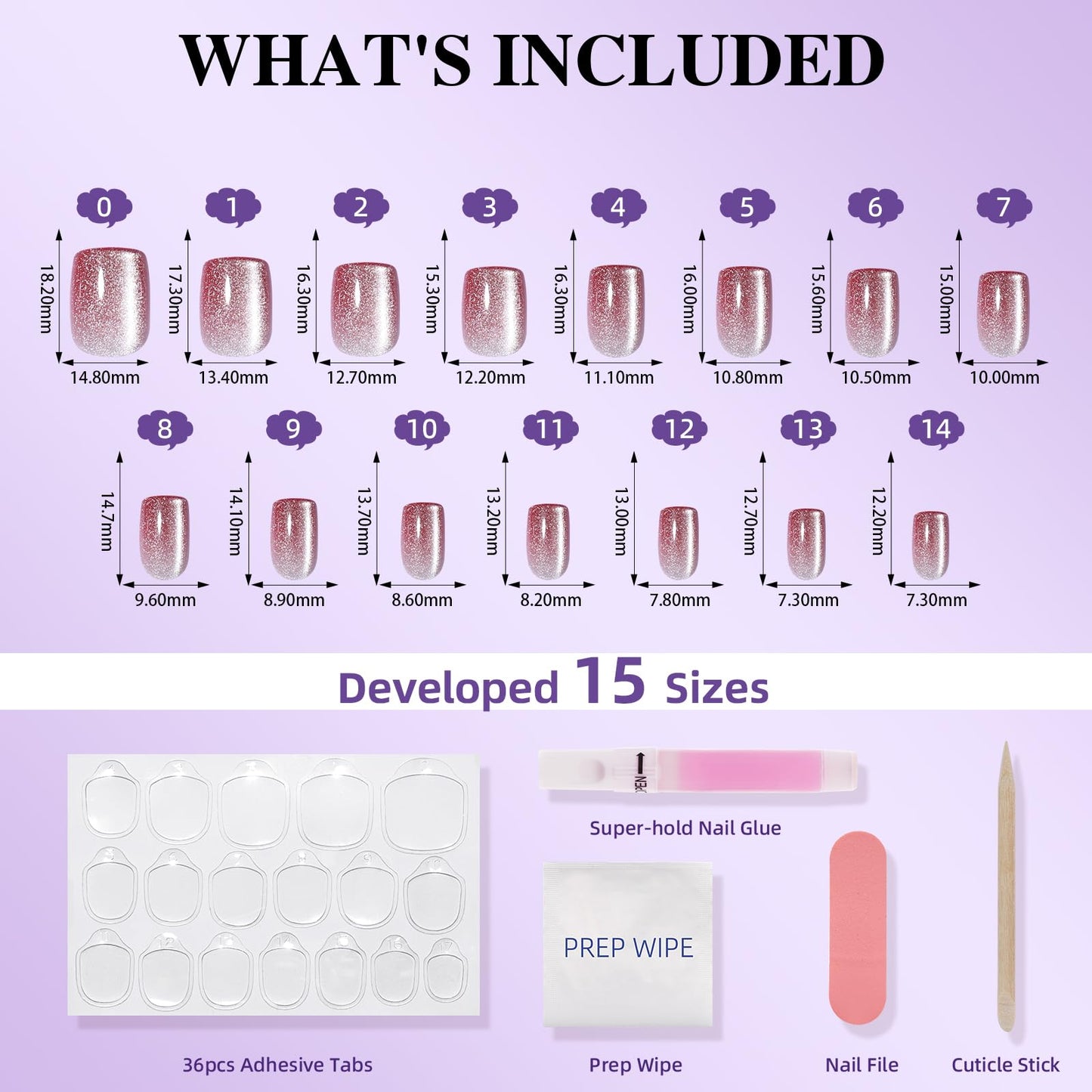 Pink Cat Eye Press On Nails - Short Square Ombre Press On Nails Press Ons for Women Pink Fake Nails with Glue, Glossy Reusable Glue on Nail in 15 Sizes - 30pcs