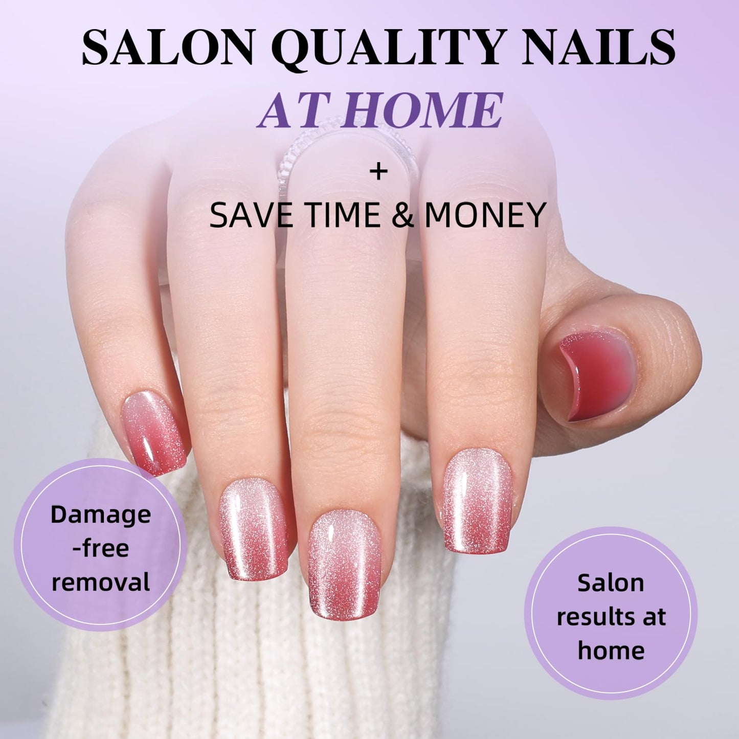 Pink Cat Eye Press On Nails - Short Square Ombre Press On Nails Press Ons for Women Pink Fake Nails with Glue, Glossy Reusable Glue on Nail in 15 Sizes - 30pcs