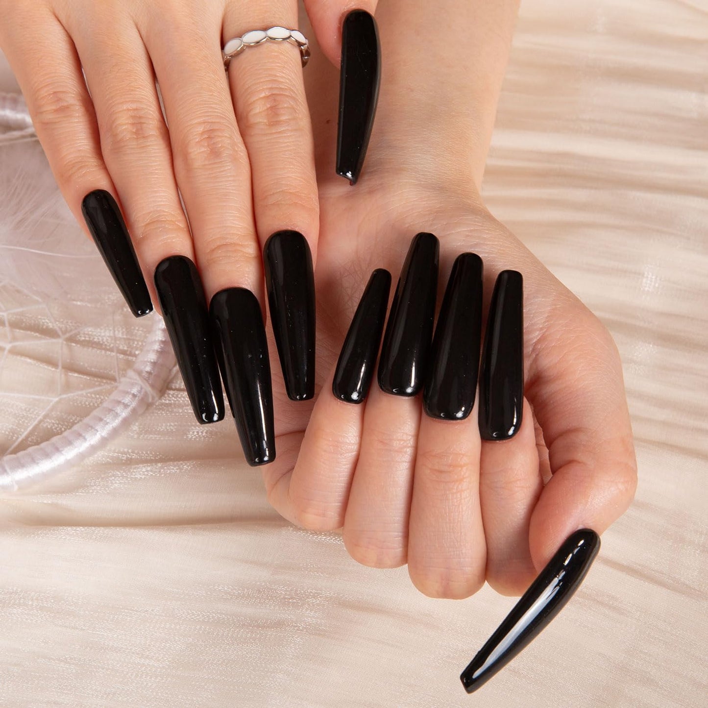 LOVFUL Press on Nails Red Sole Black Red | Handmade with Full Covered Crystals | Reusable Full Cover Nails | Coffin Mid length 1.7 in | H22-S