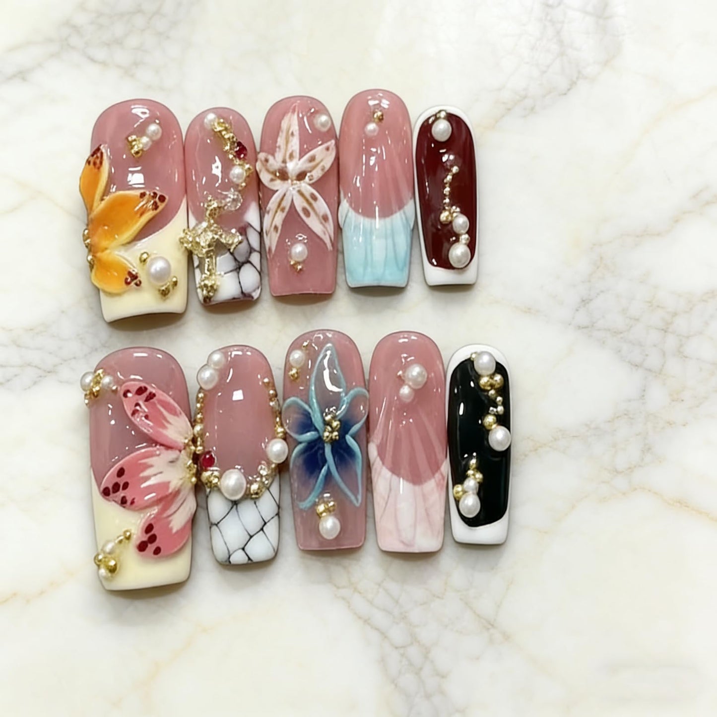 Floral Handmade Medium Square Press on Nails Nude Base Colorful 3D Floral Accents Pearl Chain Details Glossy Finish Reusable Spring Nails Easy Apply Party Durable Trendy Women Girls Nail Art 24 Pcs（S）