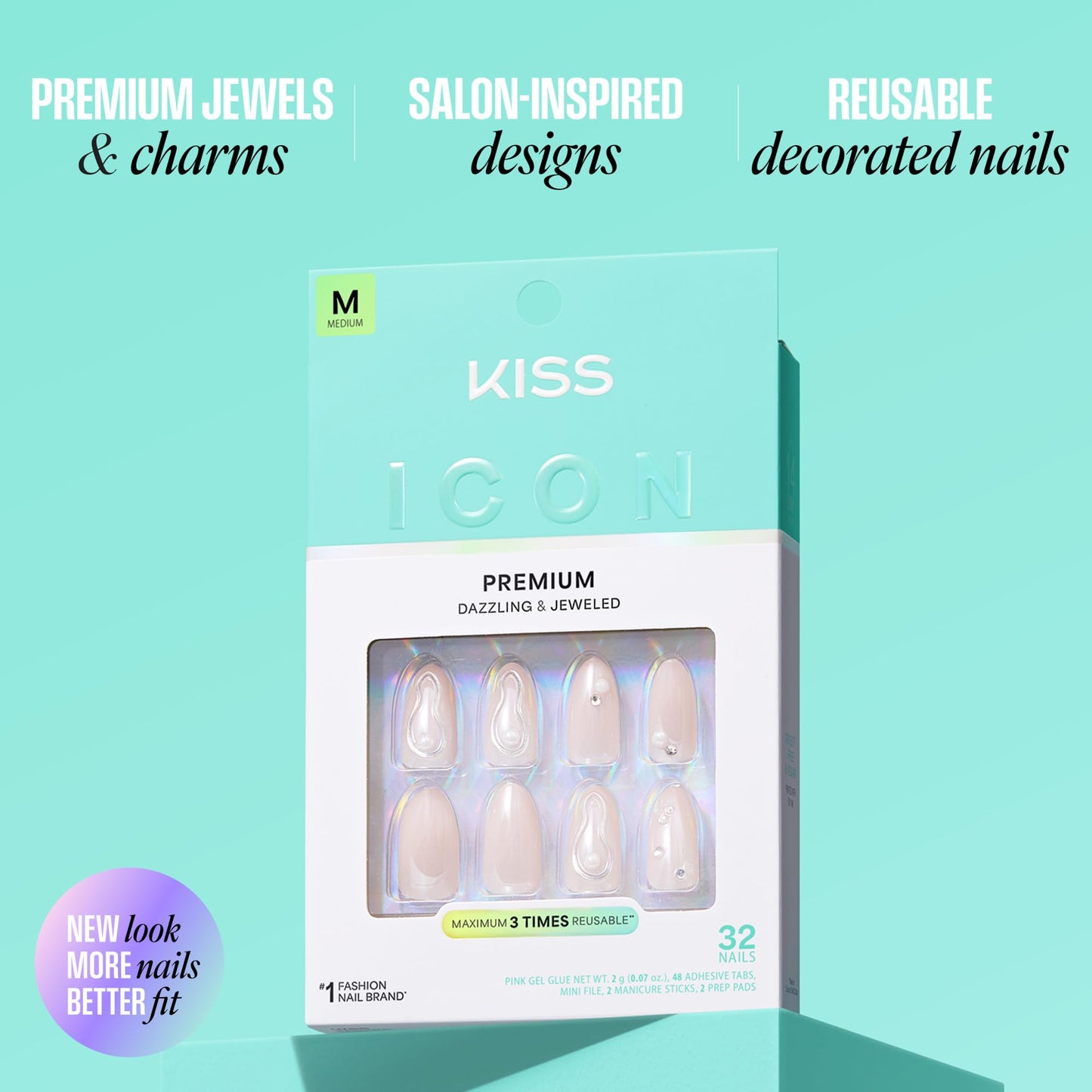 Kiss Icon, Press On Nails, Nail glue included, 'Terrific', White, Medium Size, Almond Shape, Includes 32 Nails, 2g Glue, 2 Manicure Stick, 1 Mini File, 2 Prep Pads, 48 Adhesive tabs