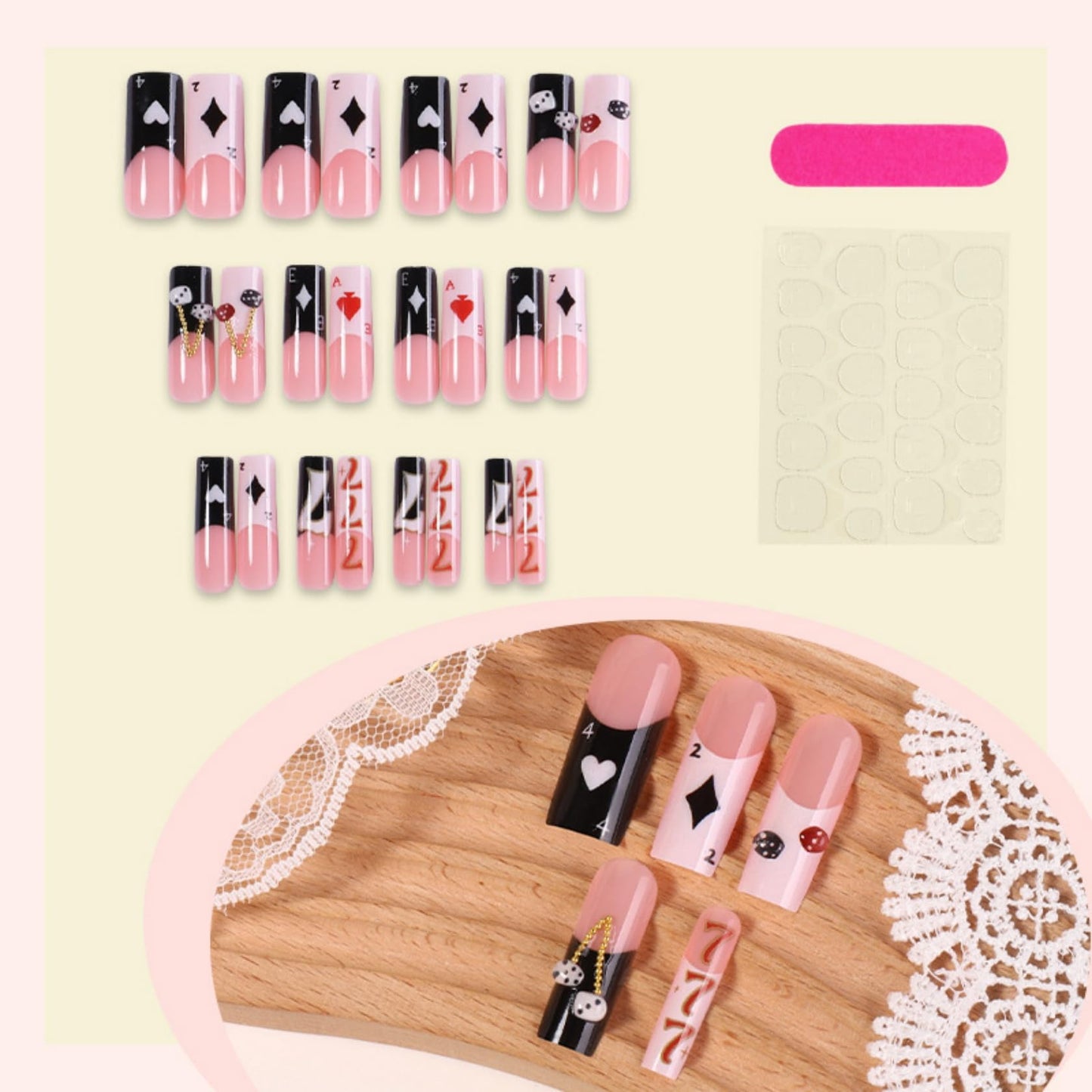Pink & Black Poker Theme Long Square Press on Nails with Dice & Gold Chain Fake Nails Artificial Stick on Nails for Women, Casino Night Nail Art Set