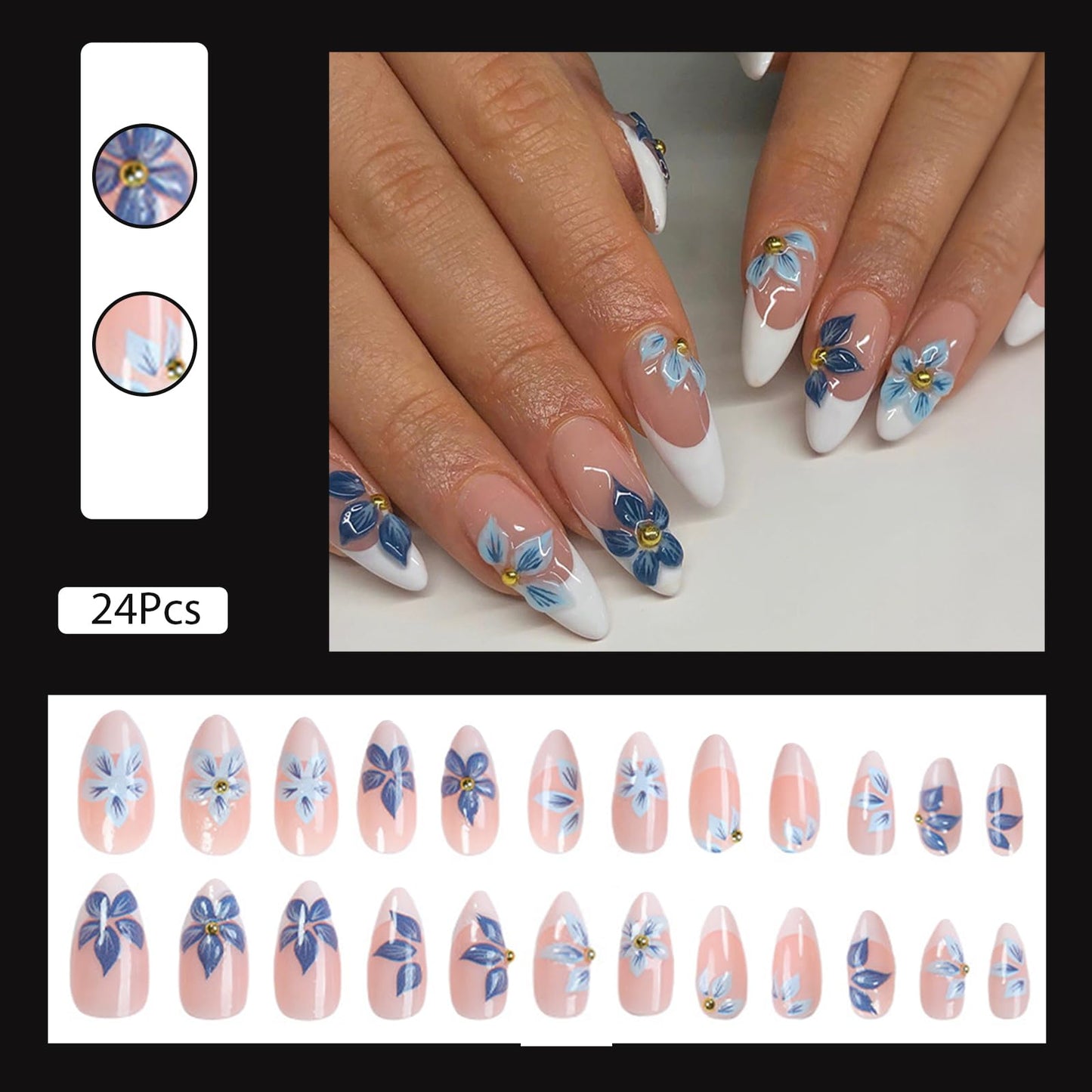 VOTACOS Almond French Tip Press on Nails Medium Blue Nude Acrylic Fake Nails Press Ons with Designs 3D Bead Flower Glue on Nail for Women 24PCS Glossy Floral Reusable Artificial Stick on False Nail