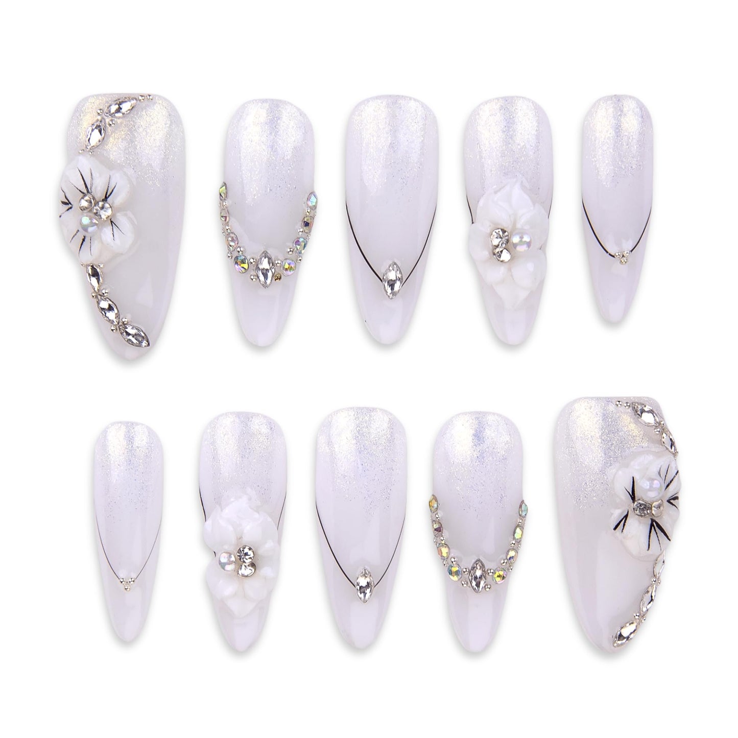 SIYOU Beauty | Love Sparkle | White Rhinestone Romantic Long Almond Press On Nails for Women (Large) - Reusable, Salon-Quality Fake Nails (10pc)