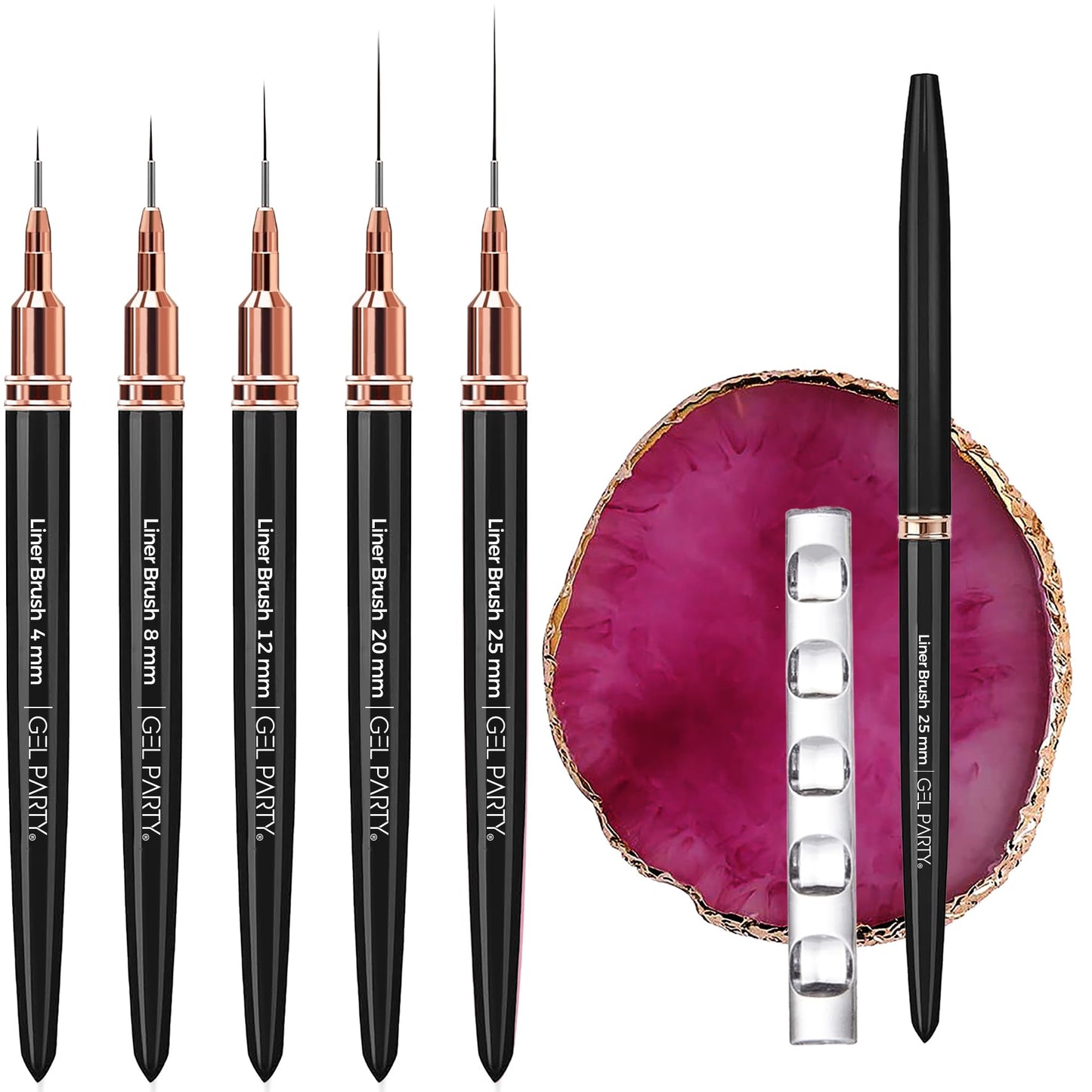 GELPARTY 7Pcs Black Nail Art Brush Set - Professional Ultra-Fine Liner & Detail Brushes for Gel Polish & Acrylic Nails - Includes Purple Agate Palette & Holder - Manicure Design Tool Kit