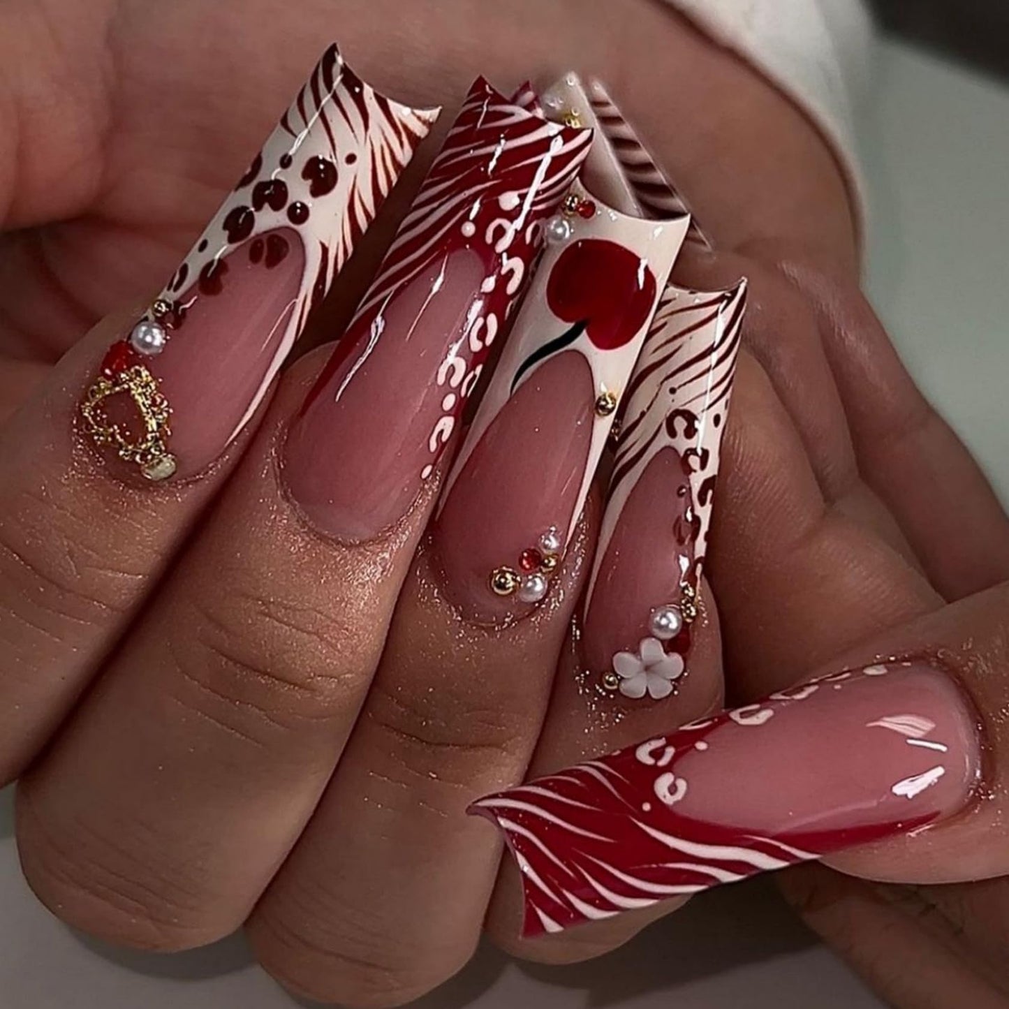 Long Square Press on Nails Fake Nails Artificial Nail Stick on Nail for Women, Red Cherry Design on Nude Pink with Pearl and Gold Accents