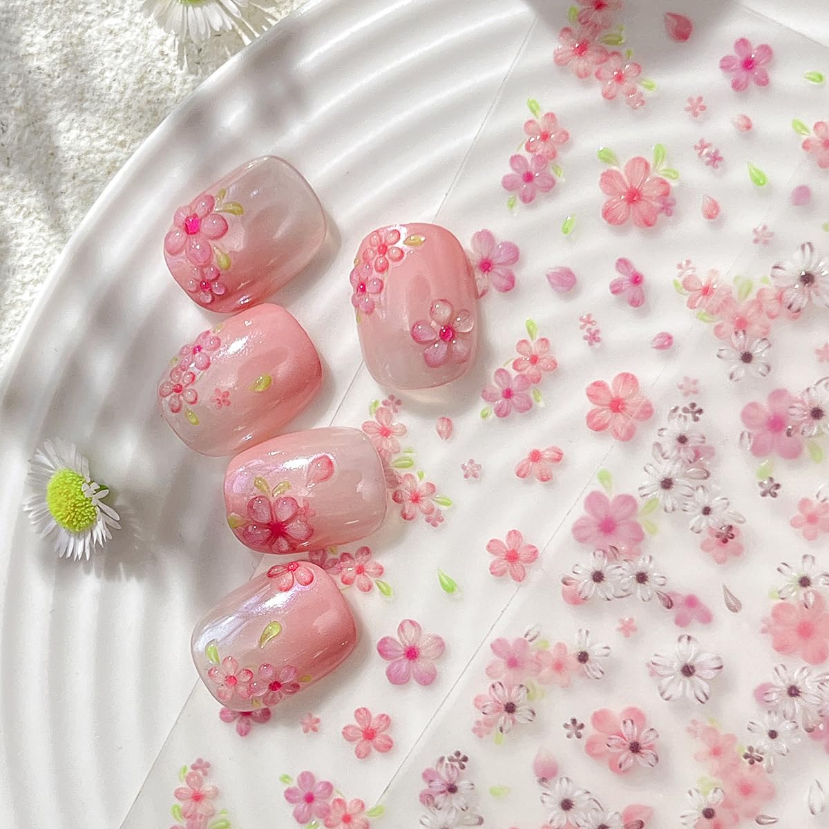 1 Sheet Pink Flower Nail Art Stickers Decals 5D Embossed Cherry Blossom Nail Stickers Exquisite Self-Adhesive Floral Nail Decals Spring Nail Art Design Stickers Supply for Women Acrylic Manicure