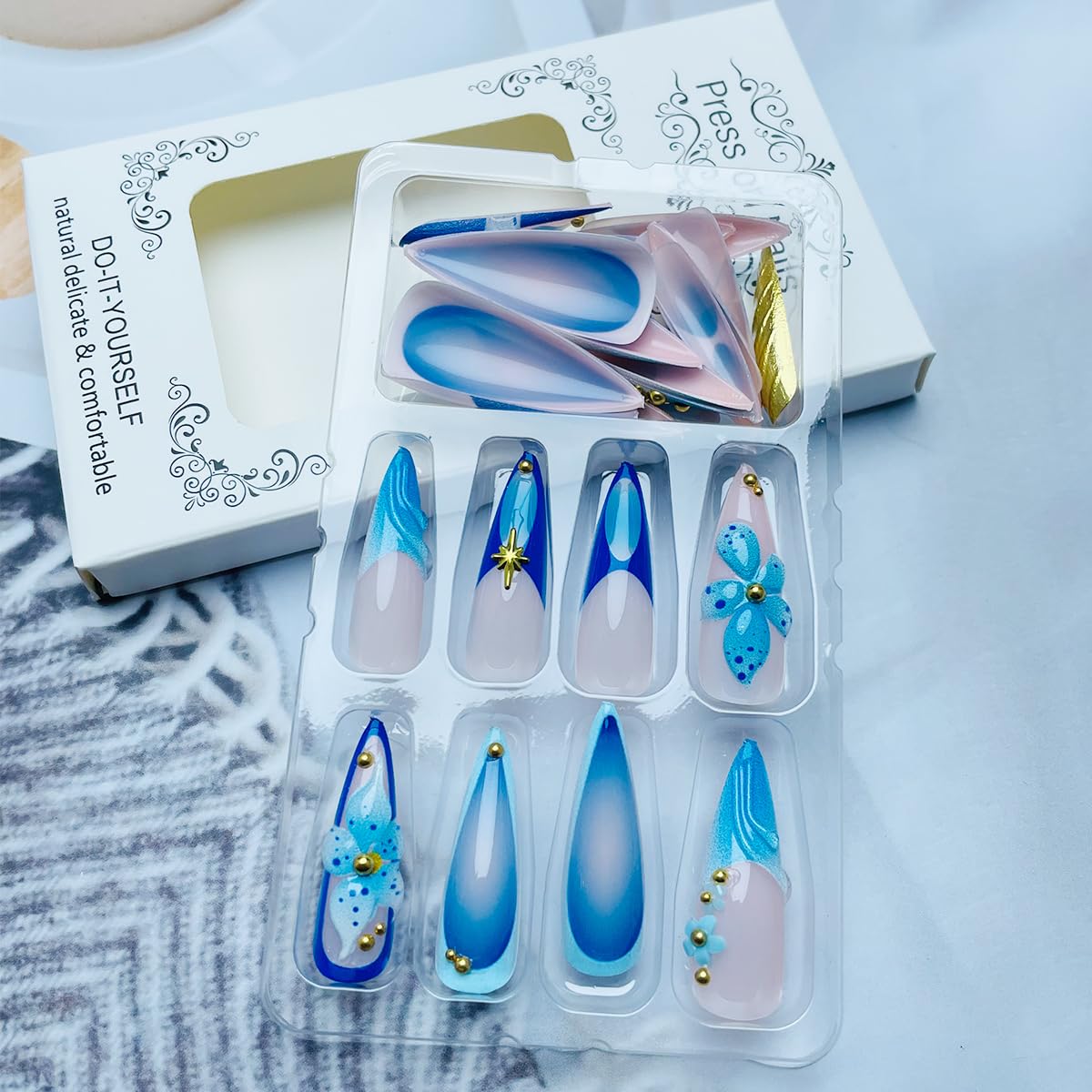 24Pcs Blue Flower Press on Nails Long Stiletto Fake Nails with Gold Rhinestones Design Almond Nails Press ons French Tip False Nails Full Cover Summer Glue on Nail Handmade Acrylic Nail for Women