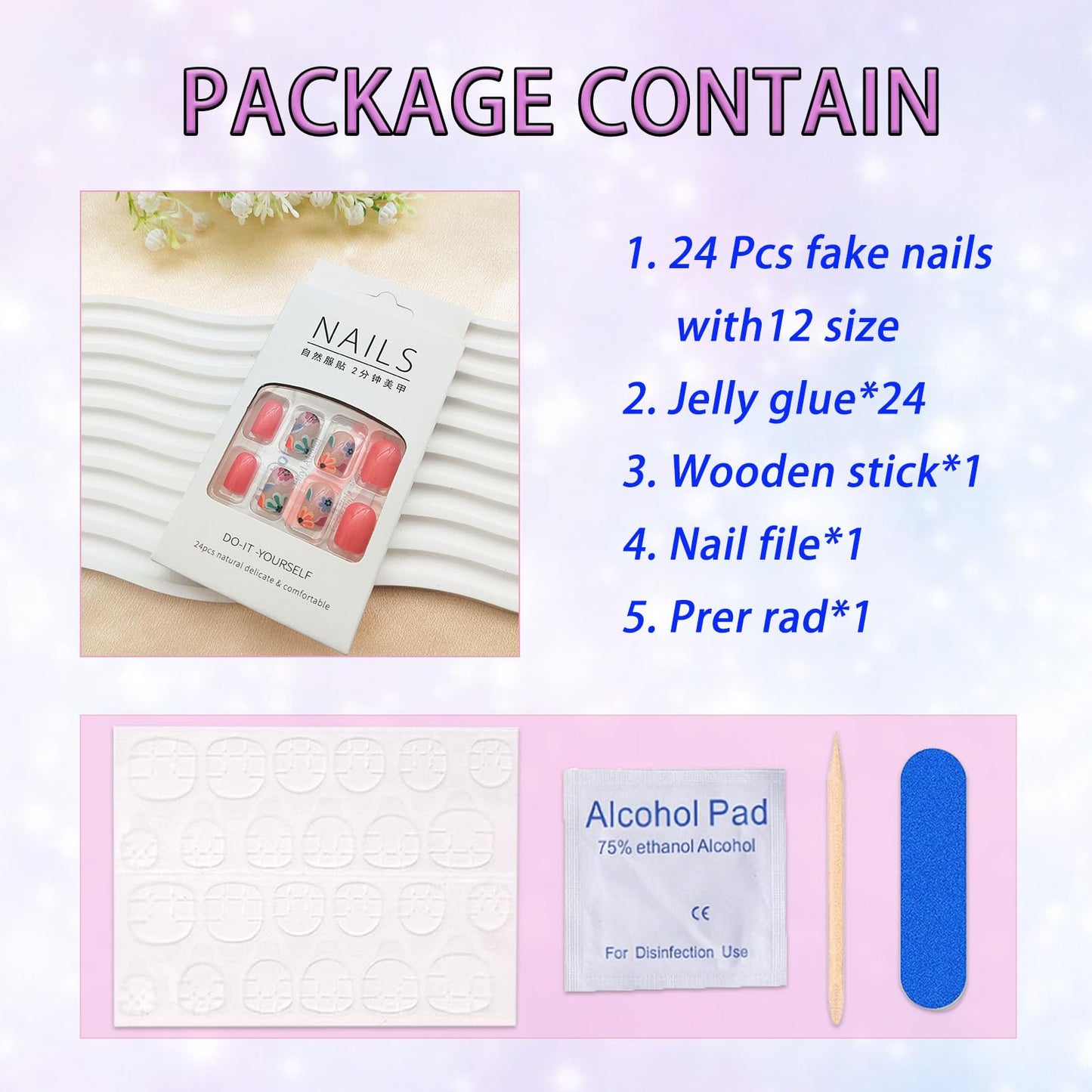 Square Press on Nails Short Fake Nails Press ons with Cute Colorful Flower Designs Glossy Glue on Nails Acrylic Reusable False Nails Red Full Cover Stick on Nails for Women Girls 24 Pcs