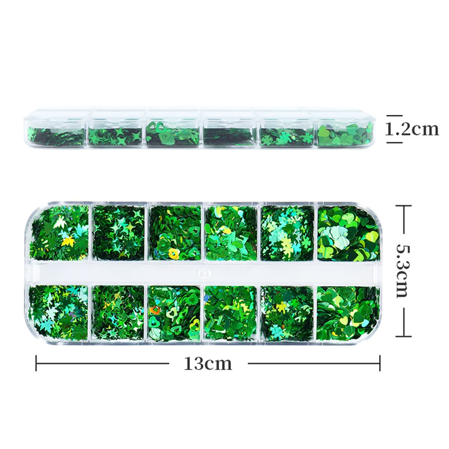 Laser Green Glitter Nail Art Sequins, Holographic 3D Sparkly Flakes Decoration, Love Heart Stars Shamrocks Music Leaf Nail Art Design Supplies for Women Girls Manicure Charms Decorations DIY Crafts