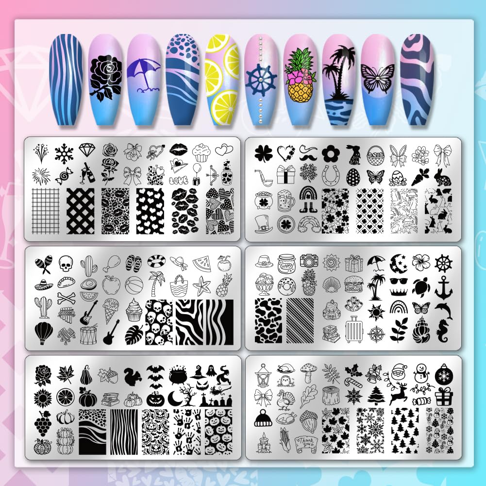 PH PandaHall 6pcs Holiday Themes Nail Stamping Plates Valentines Easter Nails Art Stencils Summer Beach Manicure Art Templates Halloween Christmas Nails Stamp Design for Women Manicures Salon Design