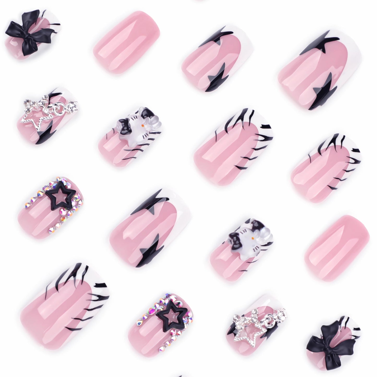 BABALAL French Tip Press on Nails Short Square Fake Nails with Bow Charms Designs Black White Zebra Print False Nails Silver Star Y2k Acrylic Nail Handmade Stick on Nails for Women Girls Kids 24Pcs