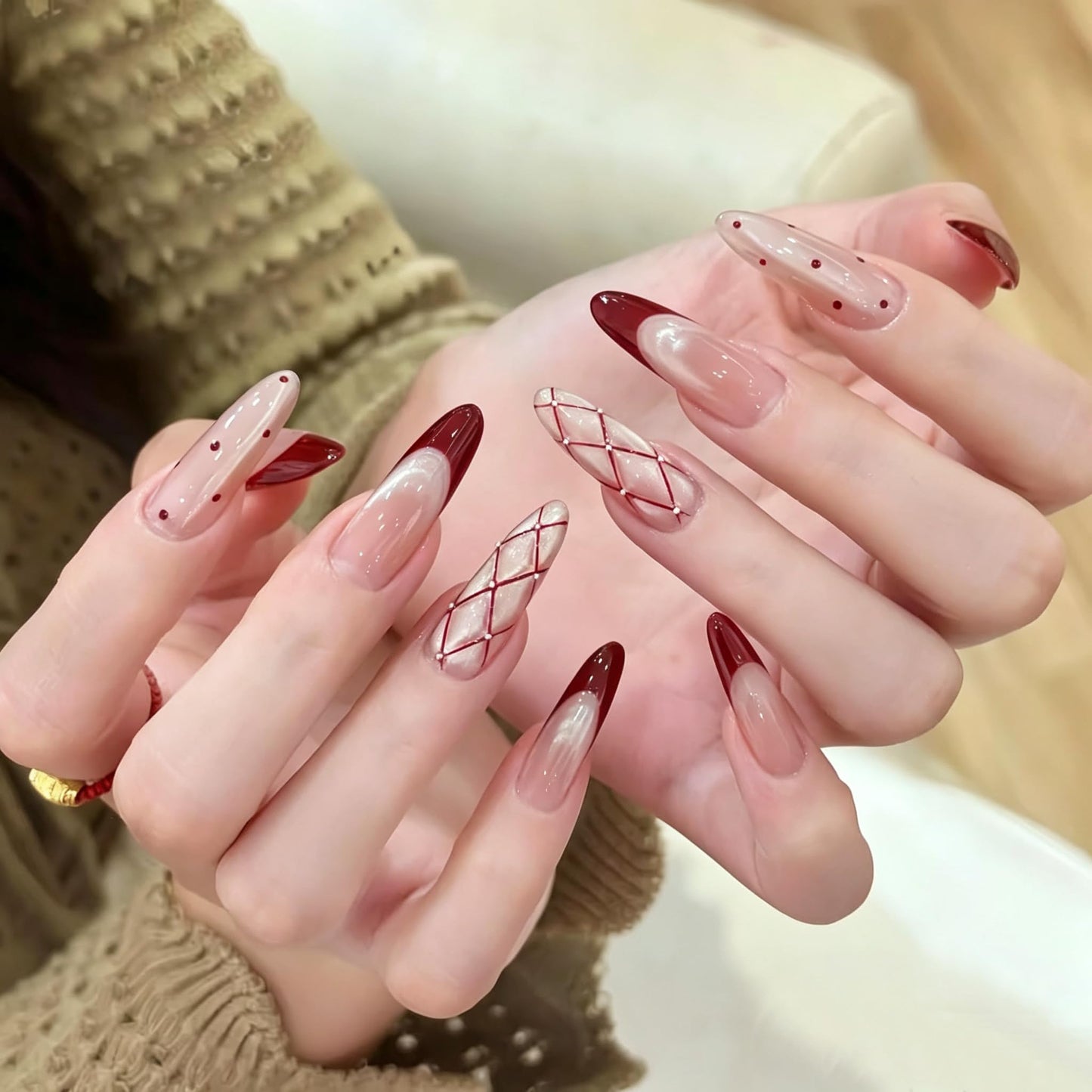C.Z.Z.T.T.NAILS Press On Nails,Long Almond Red Glitter French Fake Nails for Women,30pcs with Jelly Glue,Reusable, Perfect for Holiday Parties or Gifts