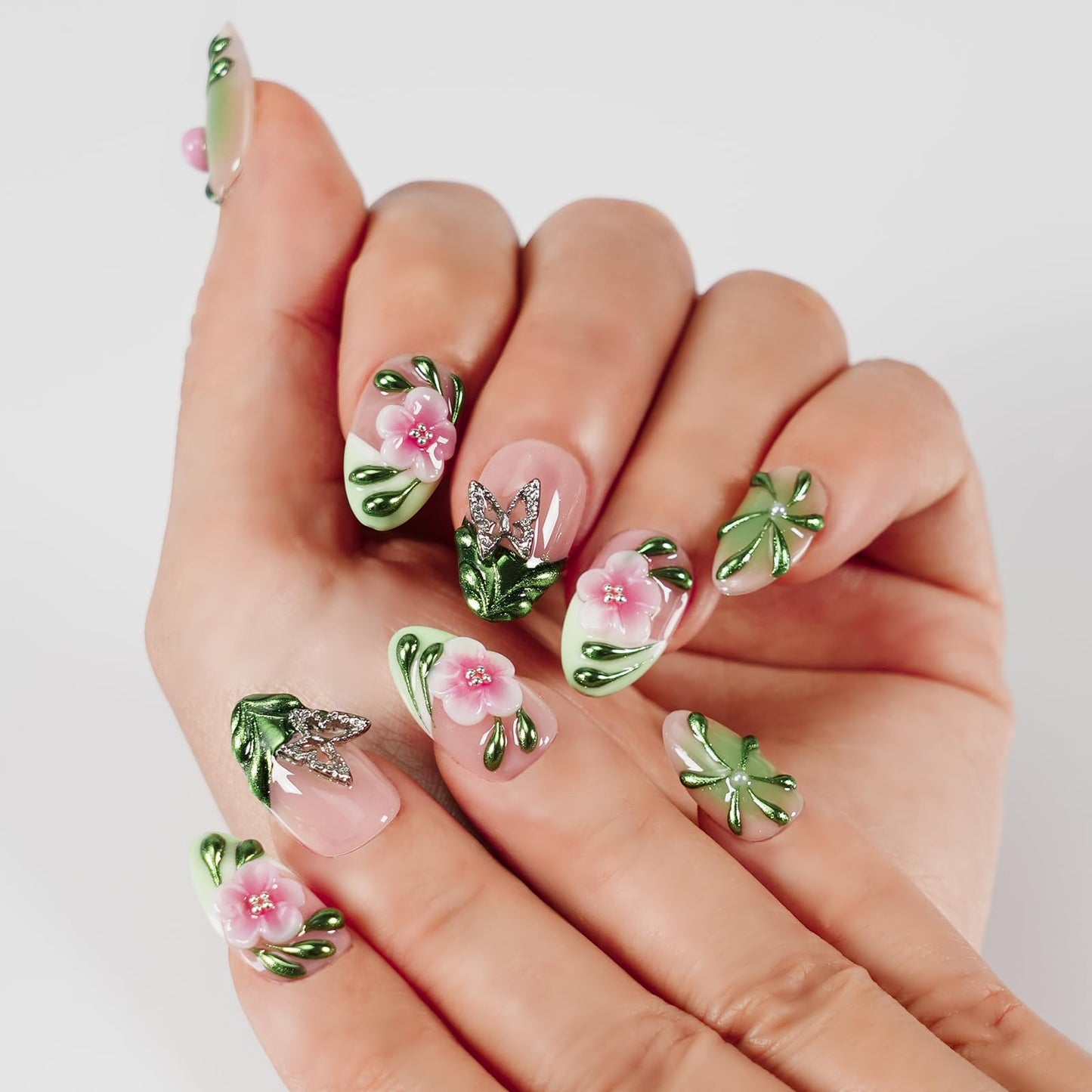 Tesytto Press On Nails Short Almond Handmade 3D Flower Metallic Butterflies Fake Nails, Green Chrome Ladybug Design French False Nails for Spring Party Daily Wear (Spring Green Pastel Garden,L)