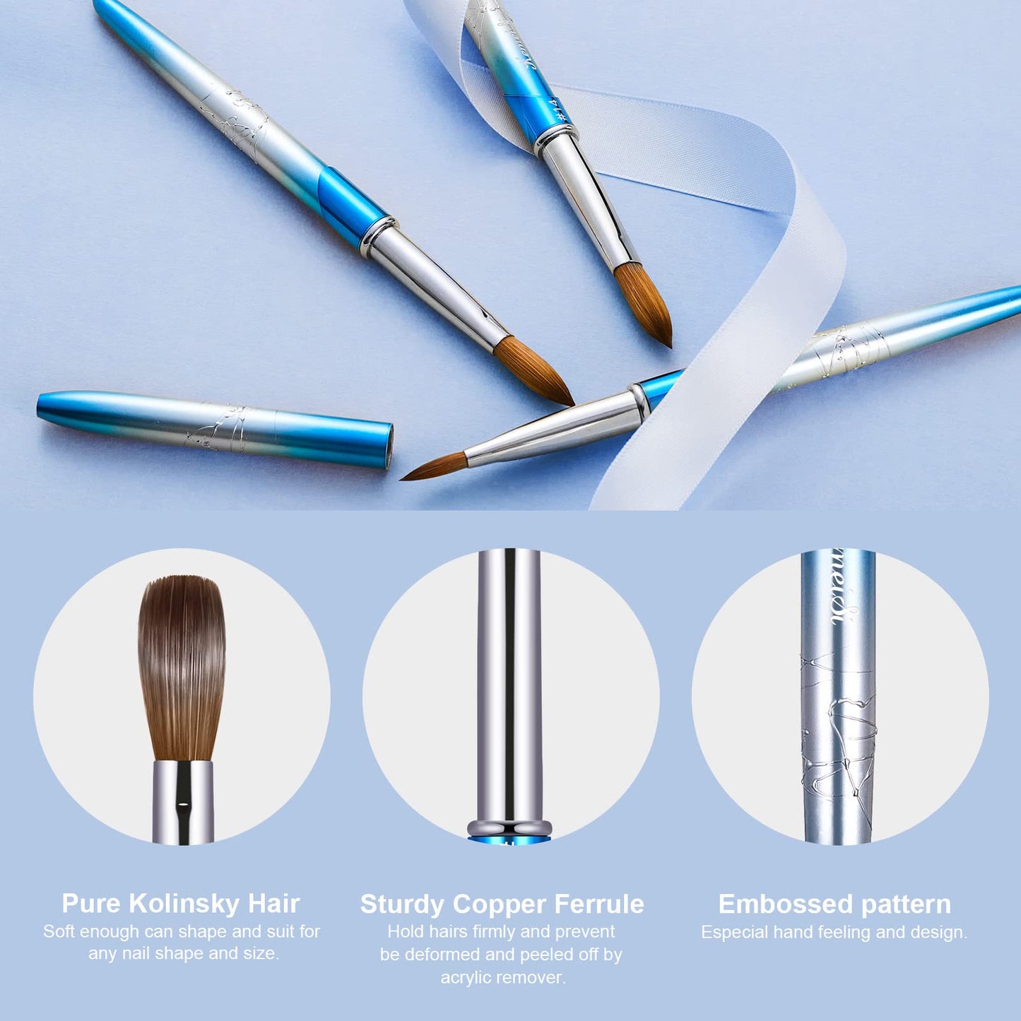 Acrylic Nail Brush Size 14,KEMEISI 100% Pure Kolinsky Nail Art Brushes Sturdy Handle Oval Shaped Acrylic Powder Nail Design Tools for Professional Manicure DIY Home Salon (Blue Gradient)