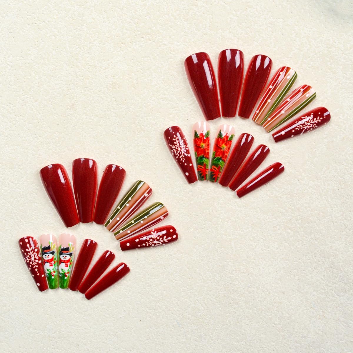Christmas Long Press on Nails Snowflake Holly Fake Nails with Green Stripe Designs Snowman Winter Coffin Shaped False Nails for Women Xmas Glue on Nail Full Cover Reusable Stick on Nail