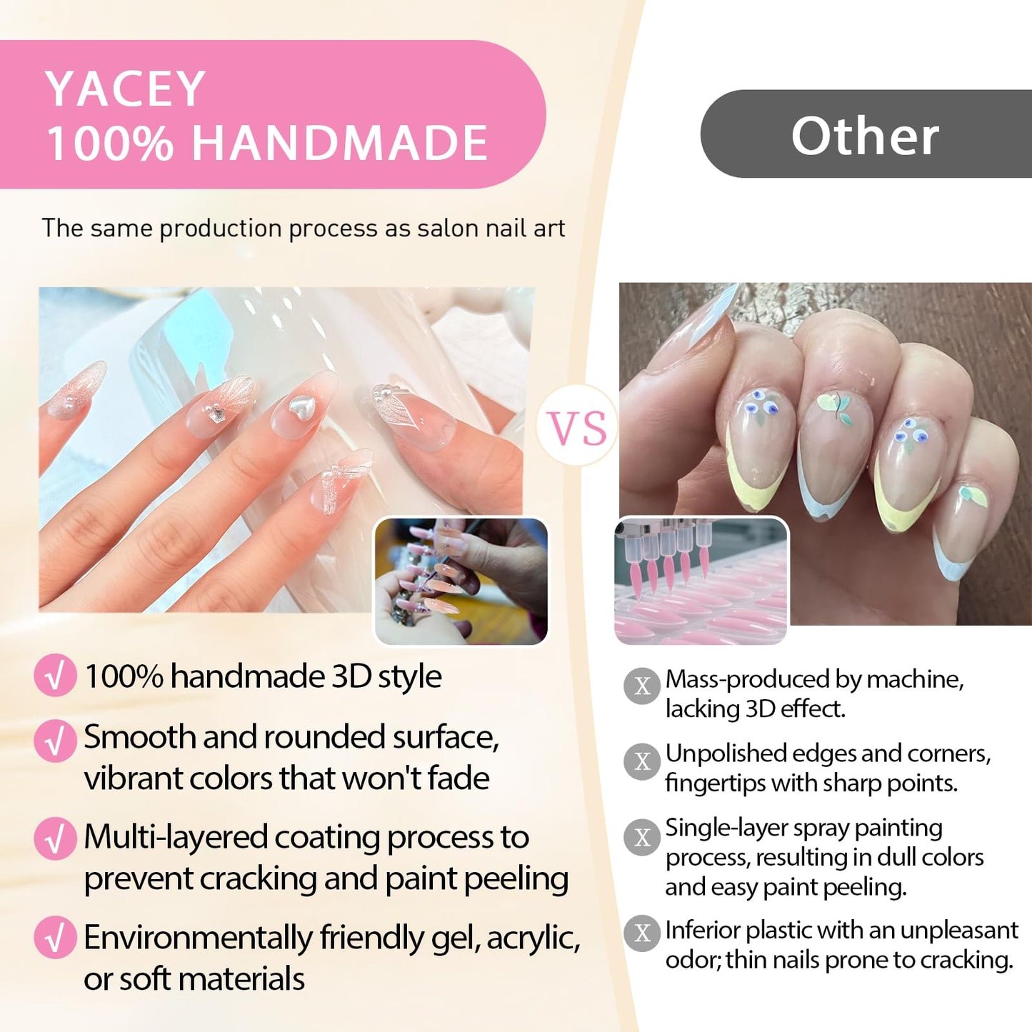 Yacey Handmade Press on Nails Short Almond, Reusable False Nails Press Ons, Purple Thick Acrylic Fake Nails with Silver Line Pearl, 3D Artificial Bling Glossy Glue on Nails for Women Girls (10 Pcs, M)