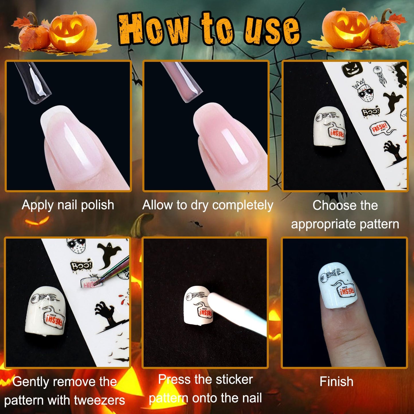 SIUSIO 15 Sheets Halloween Nail Art Stickers Cute Pumpkin Skull Ghost Party Theme 3D Self-Adhesive Horror Witchy Bat Poker Blood Nail Decals Nail Supplies DIY Nail Stickers for Women Girls Kids Decor