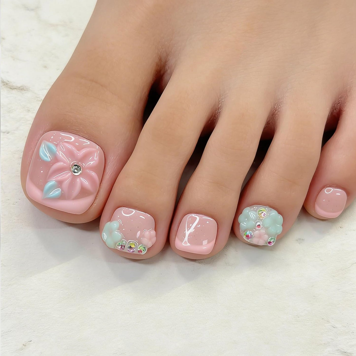 10 Pcs Handmade Luxury Press on Toenails with Handmade 3D Bling Rhinestones & Flower Designs Short Square Stick on Toe Nails Pink French Tip Fake Toe Nails for Women Manicure Decor (M)