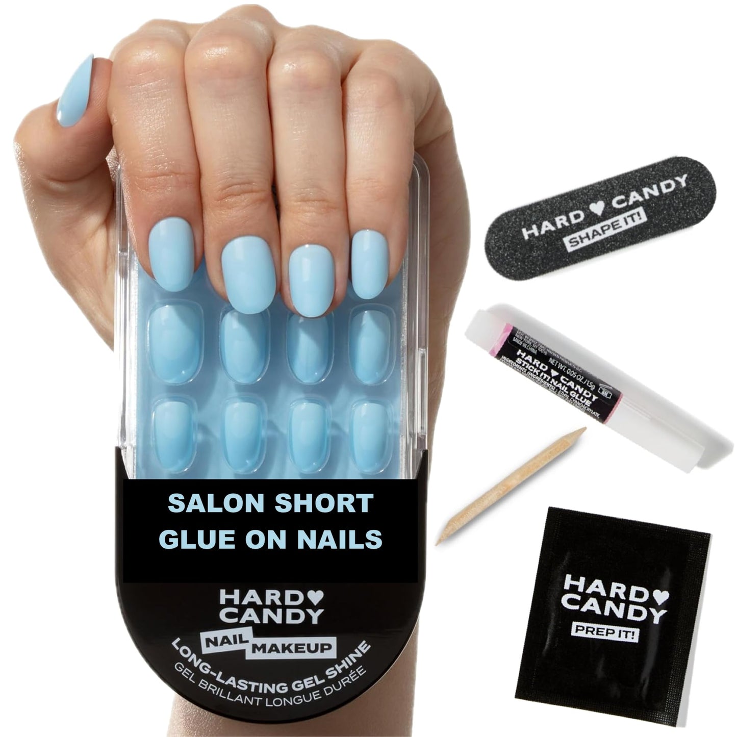 Short Baby Blue Press On Nails - Hard Candy Glue On Nails | Short Round False Nails with Real Light Blue Polish | 24 Nail Kit in 12 Sizes, Strong Glue & Reusable Travel Case Included.