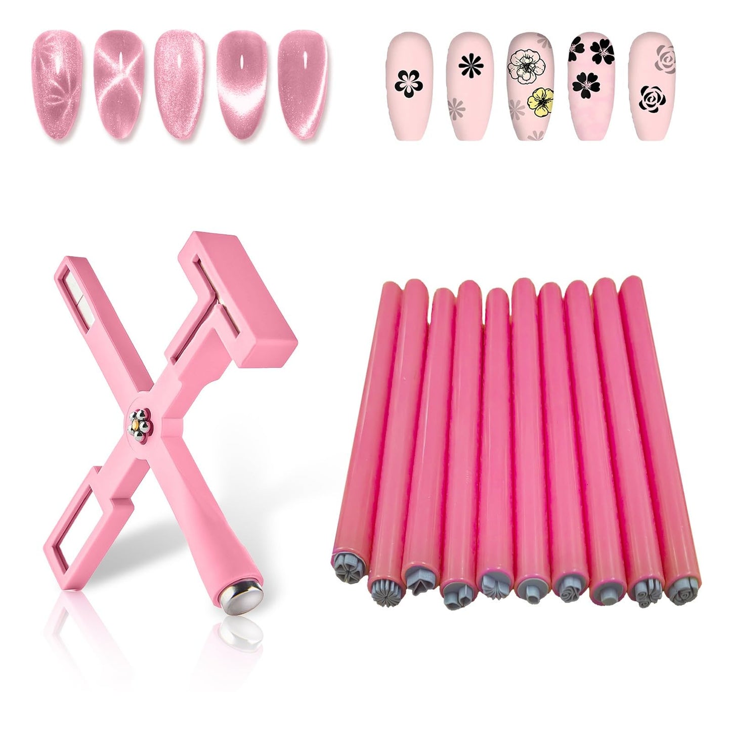 5 in 1 Nail Magnet Tool with 10Pcs Nail Art Stamp Pen, Nail Magnet for 3D Cat Eye Gel Nail Polish Magnet Tools, Nail Art Flower Stamp Pen DIY Nail Art Tools for Salon DIY Home Manicure