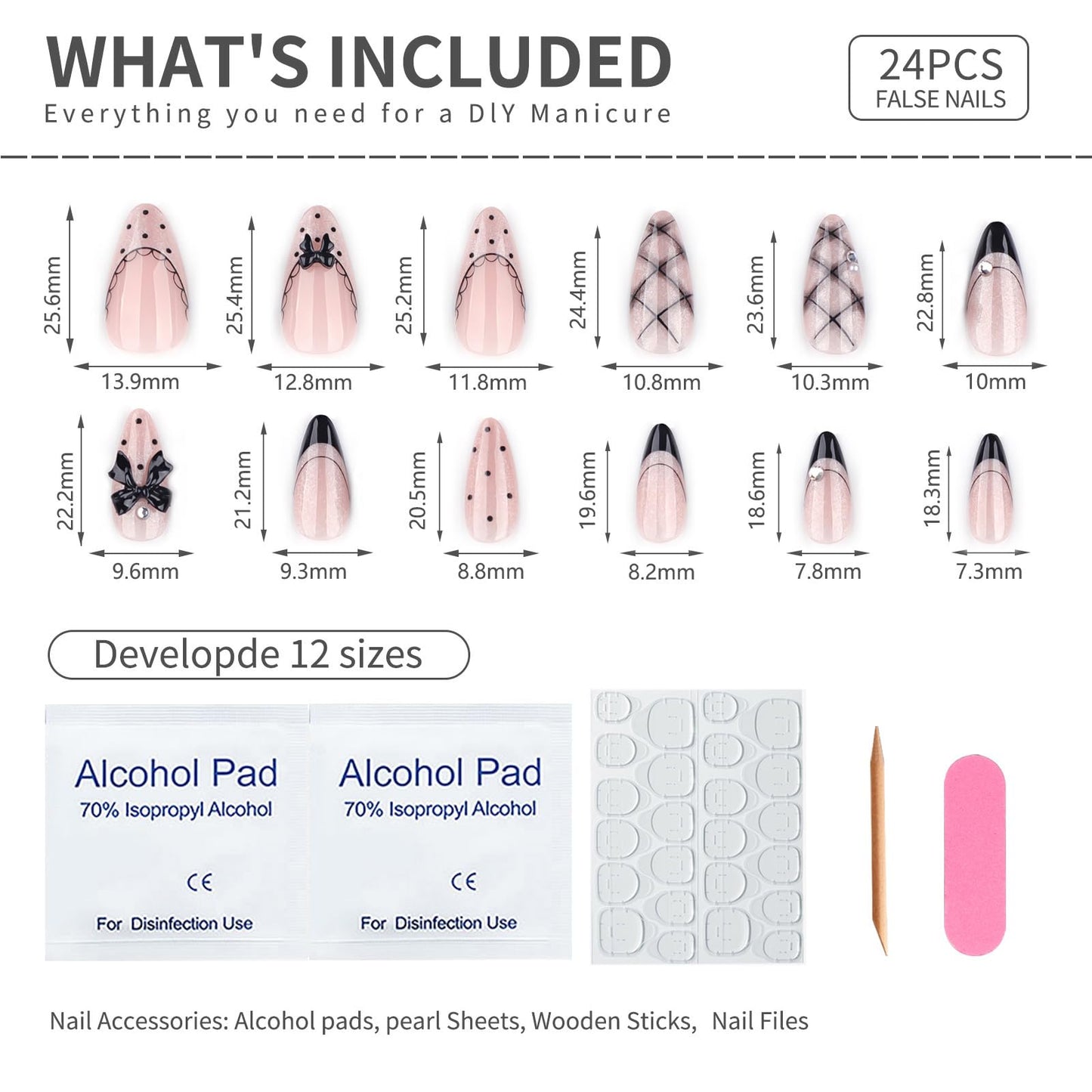 Black Silver Glitter Press on Nails Almond Shape, French Tip Grid Bowknot Design, Glossy Nude Base, Cute Cool Style False Nails for Girls and Women with Rhinestones, Daily Party Nail Art
