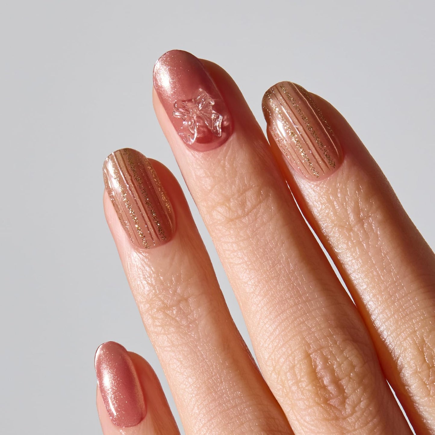 ohora Semi Cured Gel Nail Strips (N Rosy Bow) - 3D, Magnet, Pink, Gold, Works with Any Lamps, Salon-Quality, Long Lasting, Easy to Apply & Remove - Includes 2 Prep Pads, Nail File & Wooden Stick