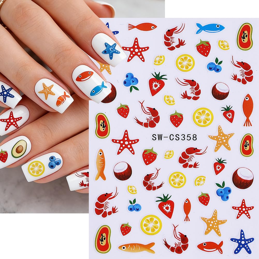 Ocean Fish Starfish Nail Art Stickers Shell Goldfish Nail Art Decals 6Sheets Self-Adhesive Coconut Strawberry Lemon Stickers for Women Summer Ocean Fruit Nail Decorations Nail Art Supplies