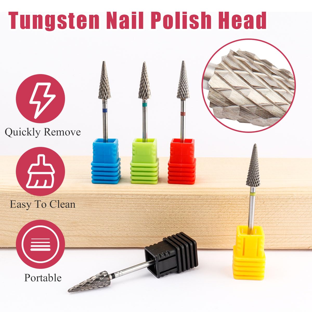 Evponk 5 Pcs Nail Drill Bits Set for Acrylic Nails, 3/32" Tungsten Carbide Nail File Bits Set XC, C, M, F, XF for Gel Polish Removal, Nail Art, Home Salon Use